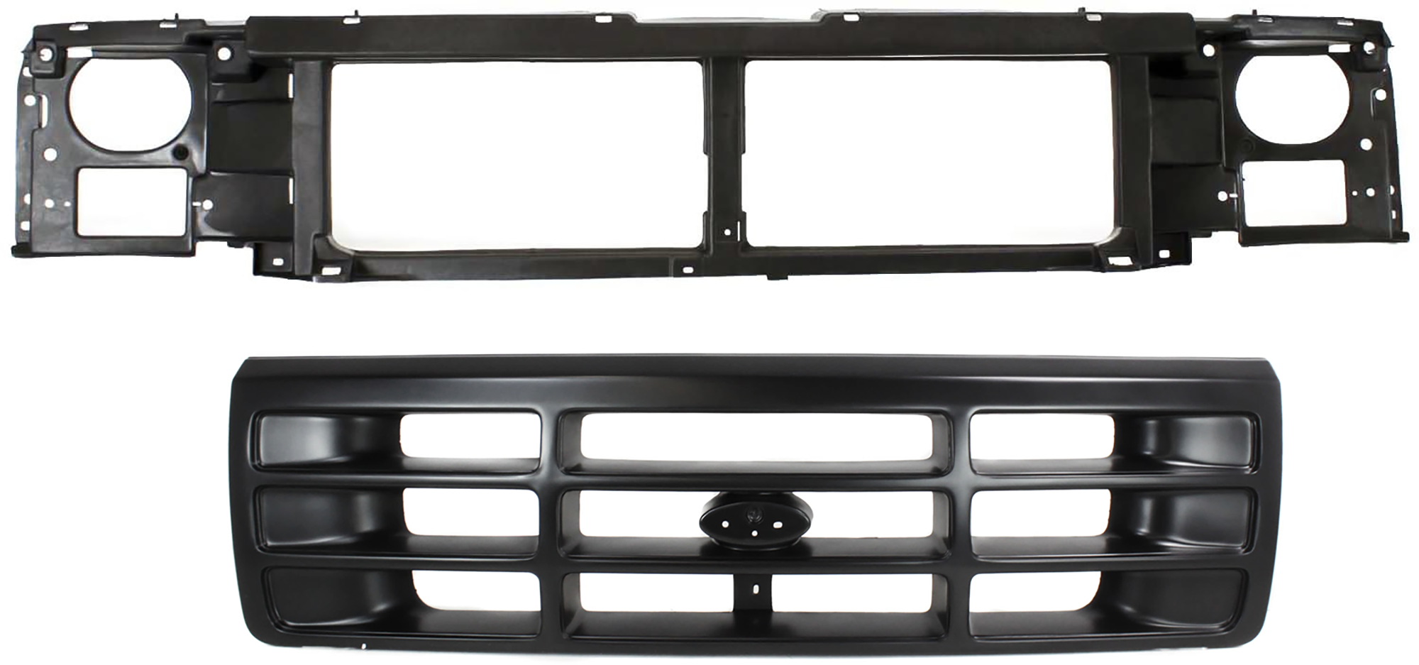 AM F SERIES 92-97 GRILLE 2 pc Kit Painted Black Shell and Insert with Header Panel SKU KIT 071324-95 Partslink FO1200172 FO1220113 OEM F6TZ8200AAA F6TZ8A284AC