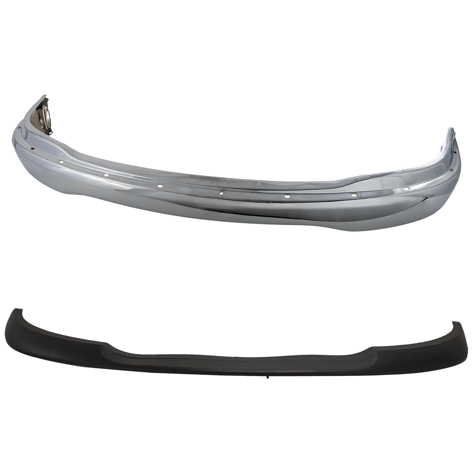AM F 150-99-03 EXPEDITION 99-02 FRONT BUMPER 2 pc kit Chrome w Pad Holes with Bumper Trim SKU KIT 071324-96 Partslink FO1002356 FO1057282 OEM XL3Z17757AA 3L3Z17K833AAA