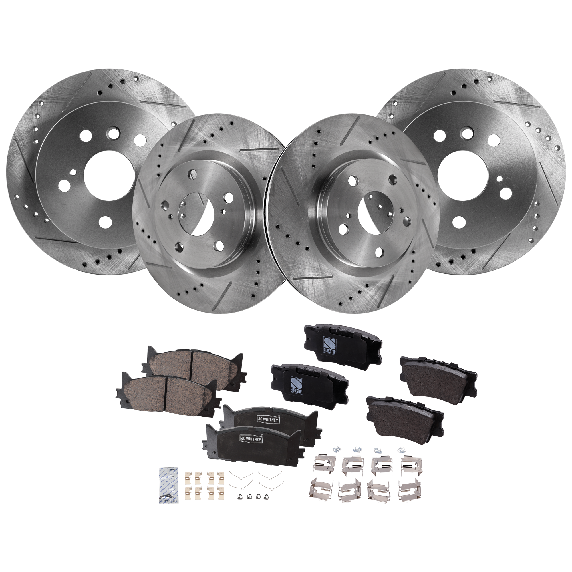 AM CAMRY 12-17 AVALON 13-18 FRONT AND REAR BRAKE DISC AND PAD KIT 8 pc Kit Cross drilled and Slotted SKU KIT 071422-01 OEM 31434-31551-44582-44748-145713
