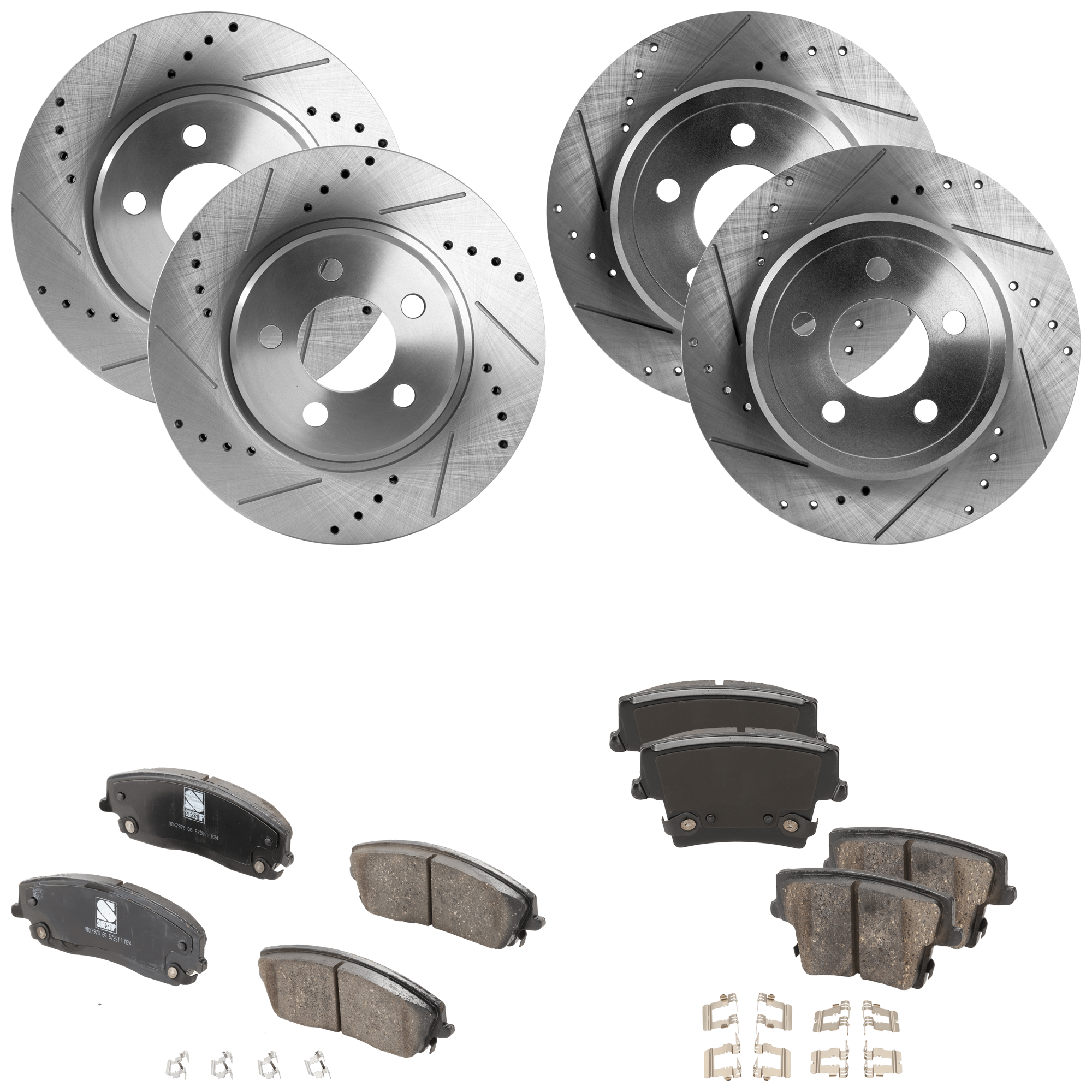 AM CHRYSLER 300-05-21 CHARGER 06-22 FRONT AND REAR BRAKE DISC AND PAD KIT 4 Wheel Set Cross drilled and Slotted SKU KIT 071422-02 OEM 53021-780254-60039016-2AMV9208