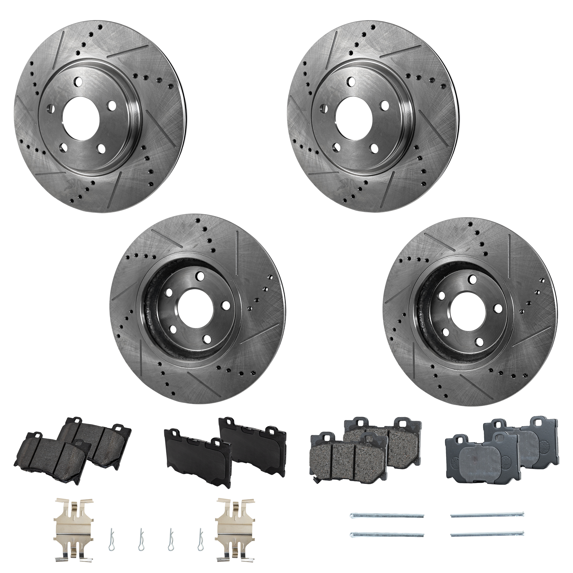 AM 370Z 09-19 G37-10-13 FRONT AND REAR BRAKE DISC AND PAD KIT 8 pc Kit Cross drilled and Slotted SKU KIT 071422-05 OEM 31387-31530-44624-44676-083306