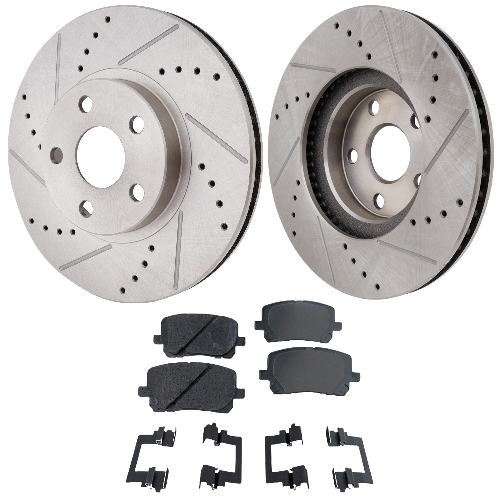 AM COROLLA MATRIX VIBE 03-08 FRONT BRAKE DISC AND PAD KIT 4 pc Kit Cross drilled and Slotted SKU KIT 071422-06 OEM 19336-31270-77175-96934-107301