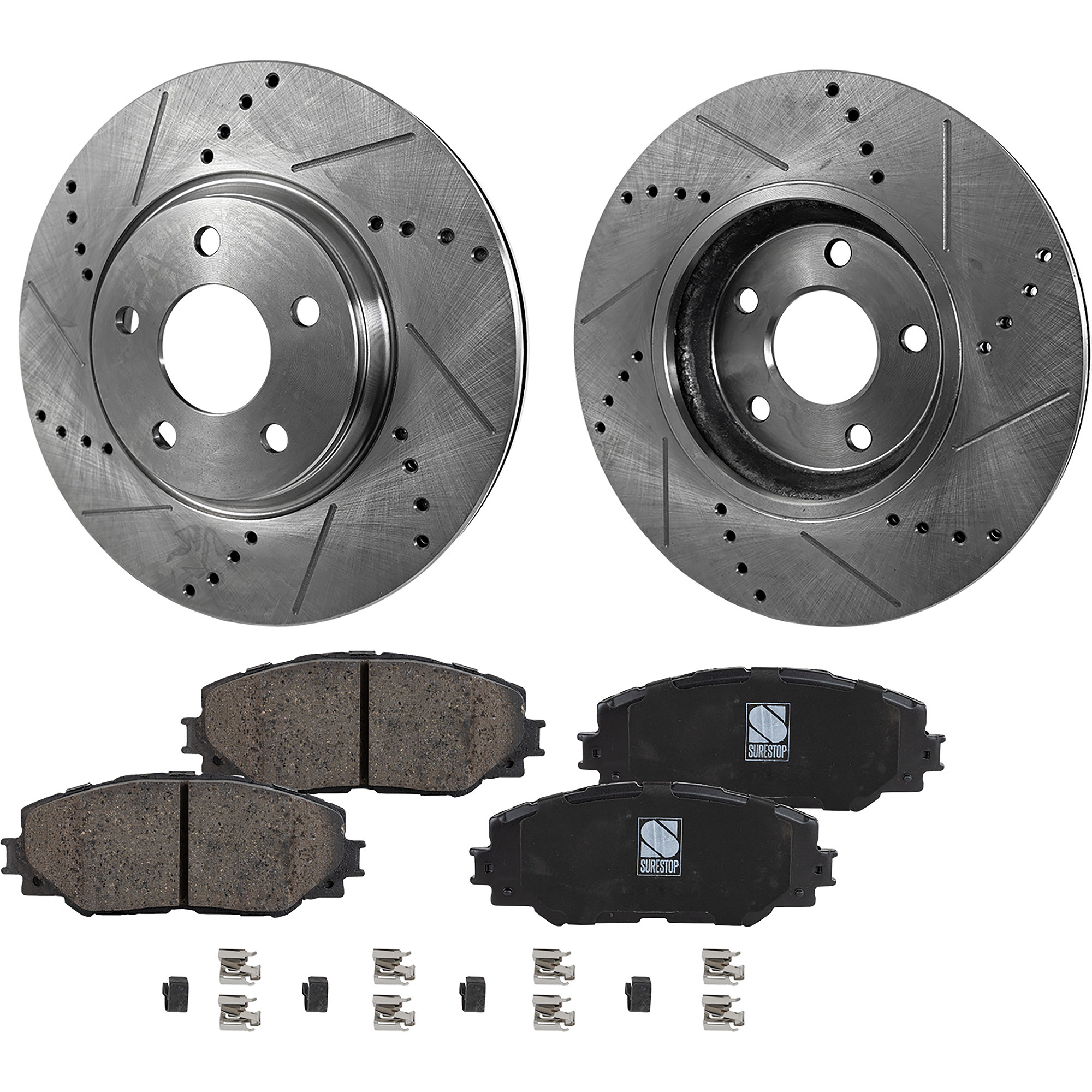 AM XD 08-14 COROLLA 09-19 FRONT BRAKE DISC AND PAD KIT 4 pc Kit Cross drilled and Slotted SKU KIT 071422-07 OEM 31505-44622-145818-0833353-850