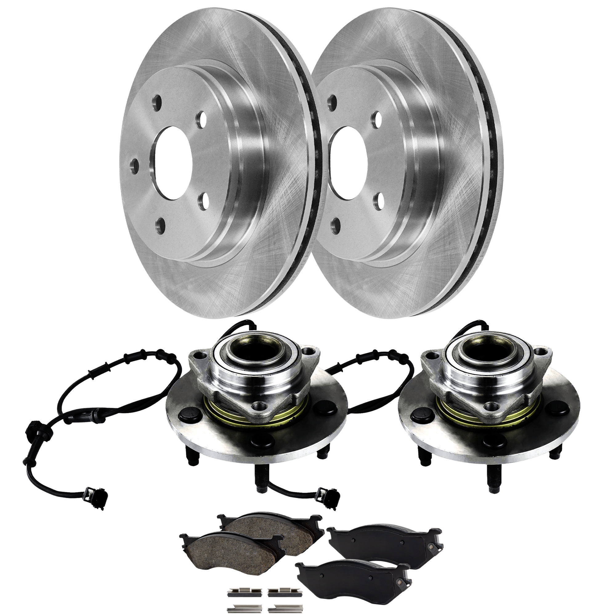 AM RAM 1500-02-02 FRONT HUB ASSEMBLY RH AND LH 5 pc kit 5 Studs 5 x 139.7 mm Bolt Pattern 4 Wheel ABS with Brake Disc and Brake Pad Set SKU KIT 07162024-64 OEM 52070323AA 52010080AA 52010080