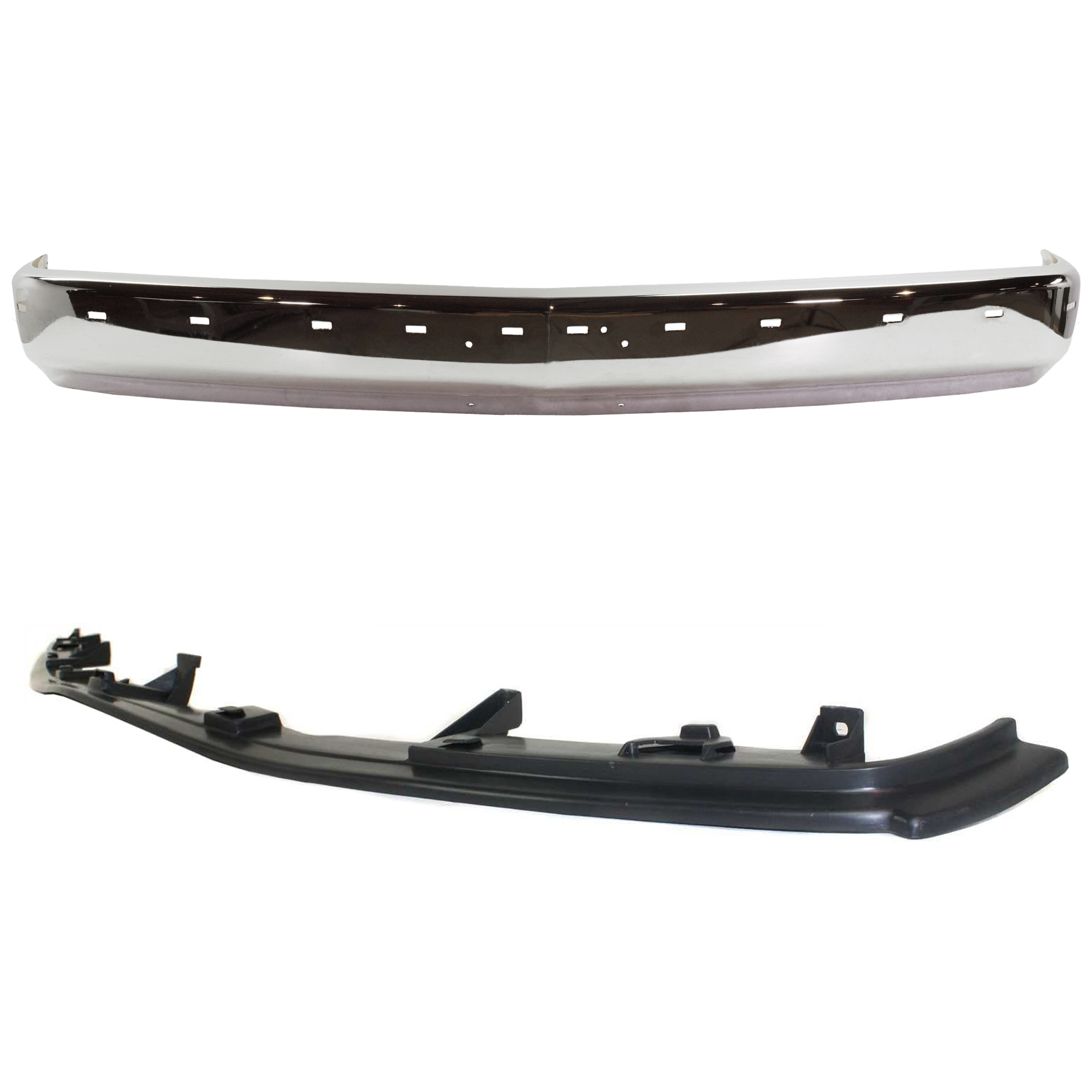 AM C K FULL SIZE P U 88-02 FRONT BUMPER 2 pc kit w Bumper Filler Face Bar Chrome w o Air Intake Holes w Impact Strip and Pad Holes SKU KIT 071624-05 Partslink GM1002802 GM1087180 OEM 15574111-12376285