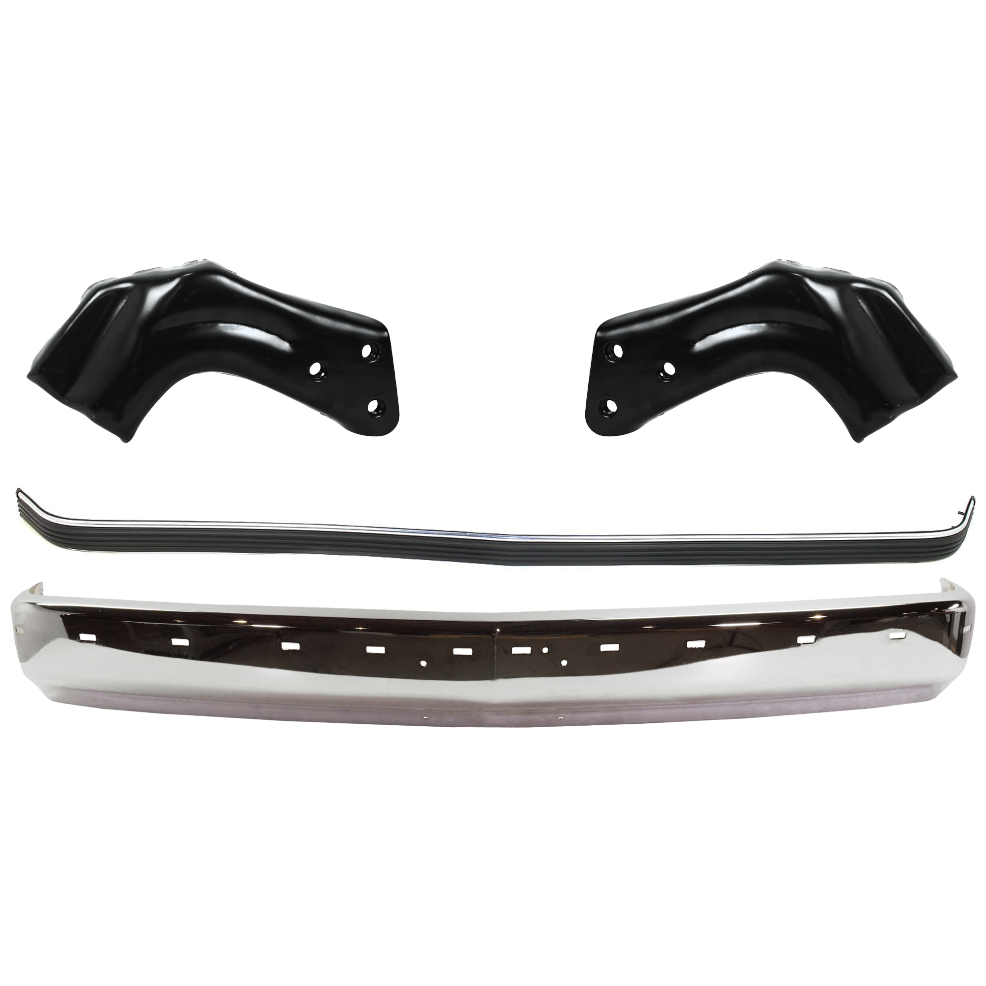 AM C K FULL SIZE P U 88-02 FRONT BUMPER 4 pc kit w Bumper Bracket and Bumper Trim Face Bar Chrome w o Air Intake Holes w Impact Strip and Pad Holes SKU KIT 071624-06 Partslink GM1002802 GM1066127 GM1067127 GM1057127 OEM 15574111-15686151-15686152-155
