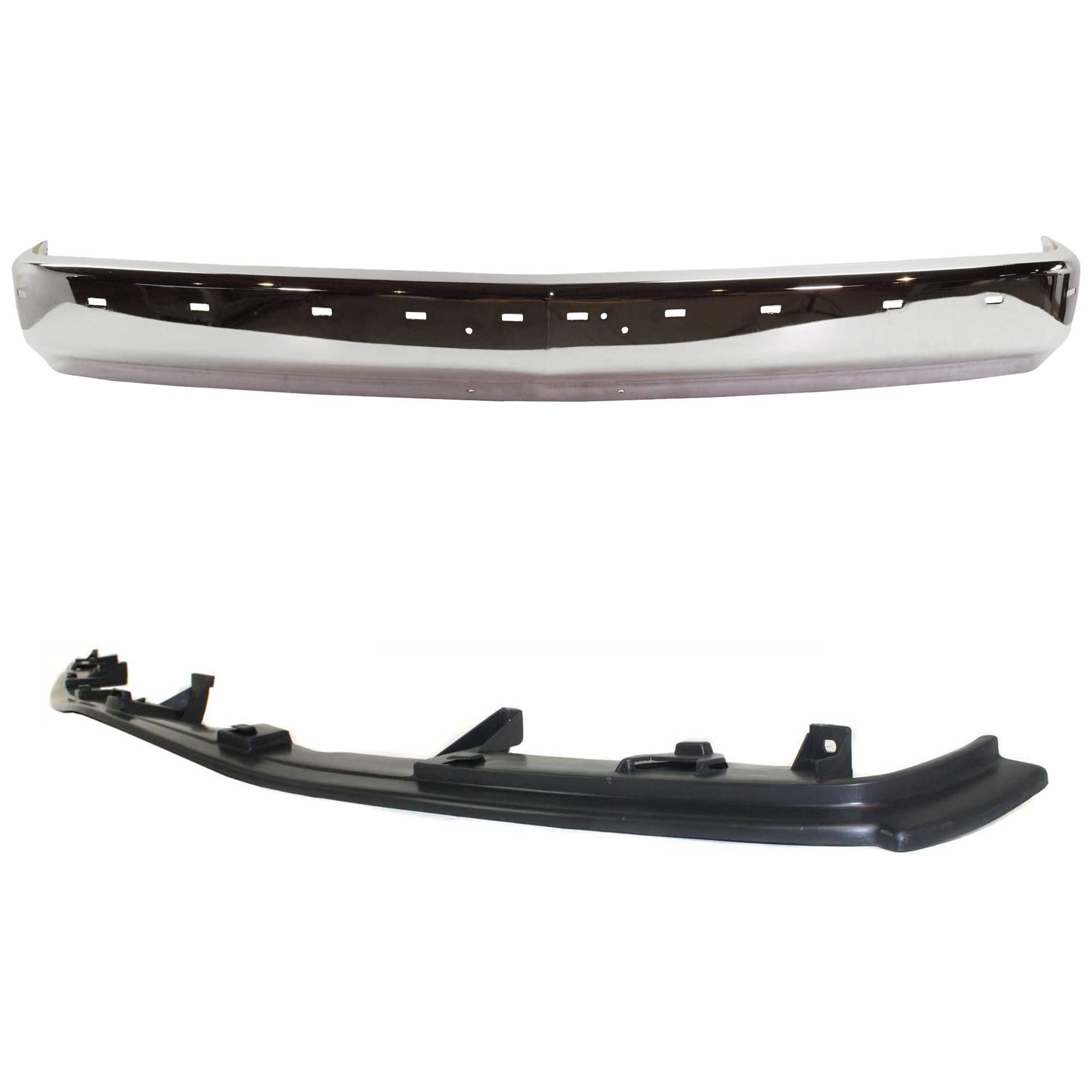AM C K FULL SIZE P U 88-02 FRONT BUMPER 2 pc kit w Bumper Filler Face Bar Chrome w o Air Intake Holes w Impact Strip and Pad Holes SKU KIT 071624-16 Partslink GM1002802 GM1087180 OEM 15574111-12376285