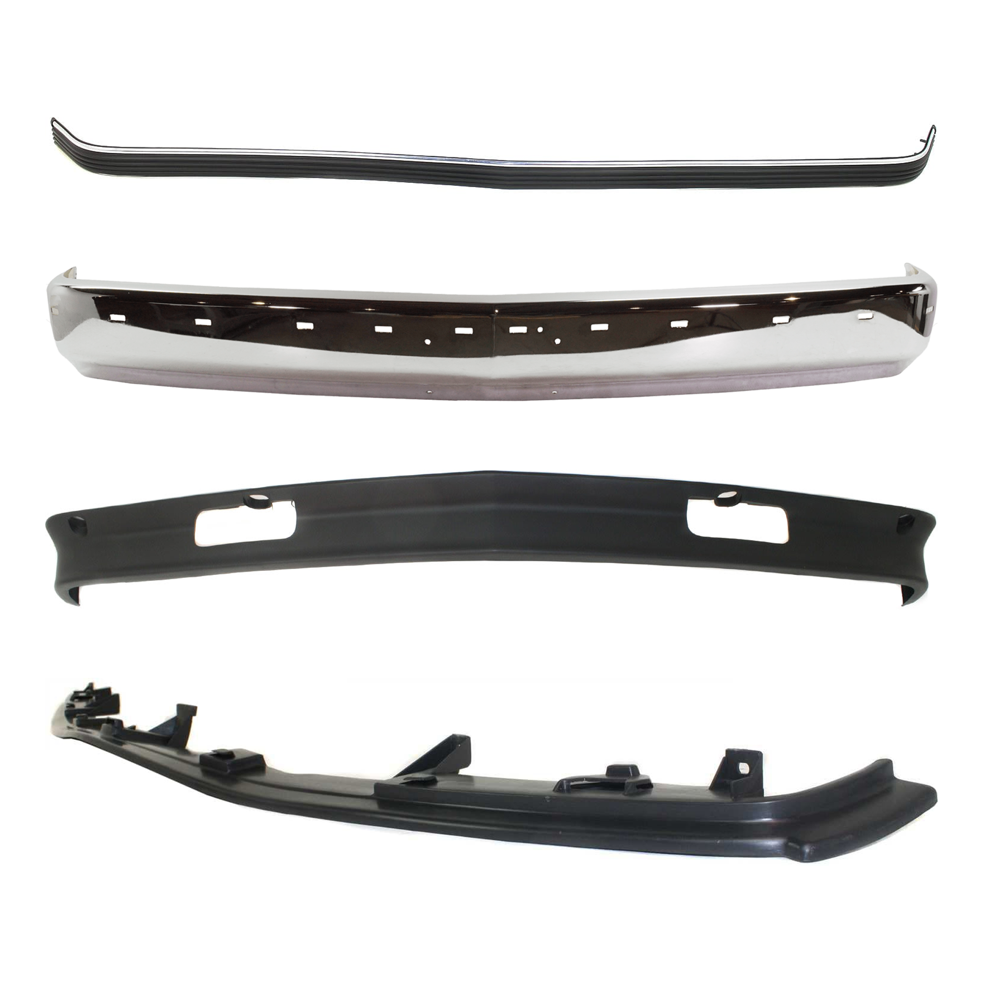 AM C K FULL SIZE P U 88-02 FRONT BUMPER 4 pc kit Face Bar Chrome w Bumper Filler Bumper Trim and Valance w o Air Intake Holes w Impact Strip and Pad Holes SKU KIT 071624-17 Partslink GM1002802 GM1087180 GM1057127 GM1090105 OEM 15574111-12376285-15574113-155