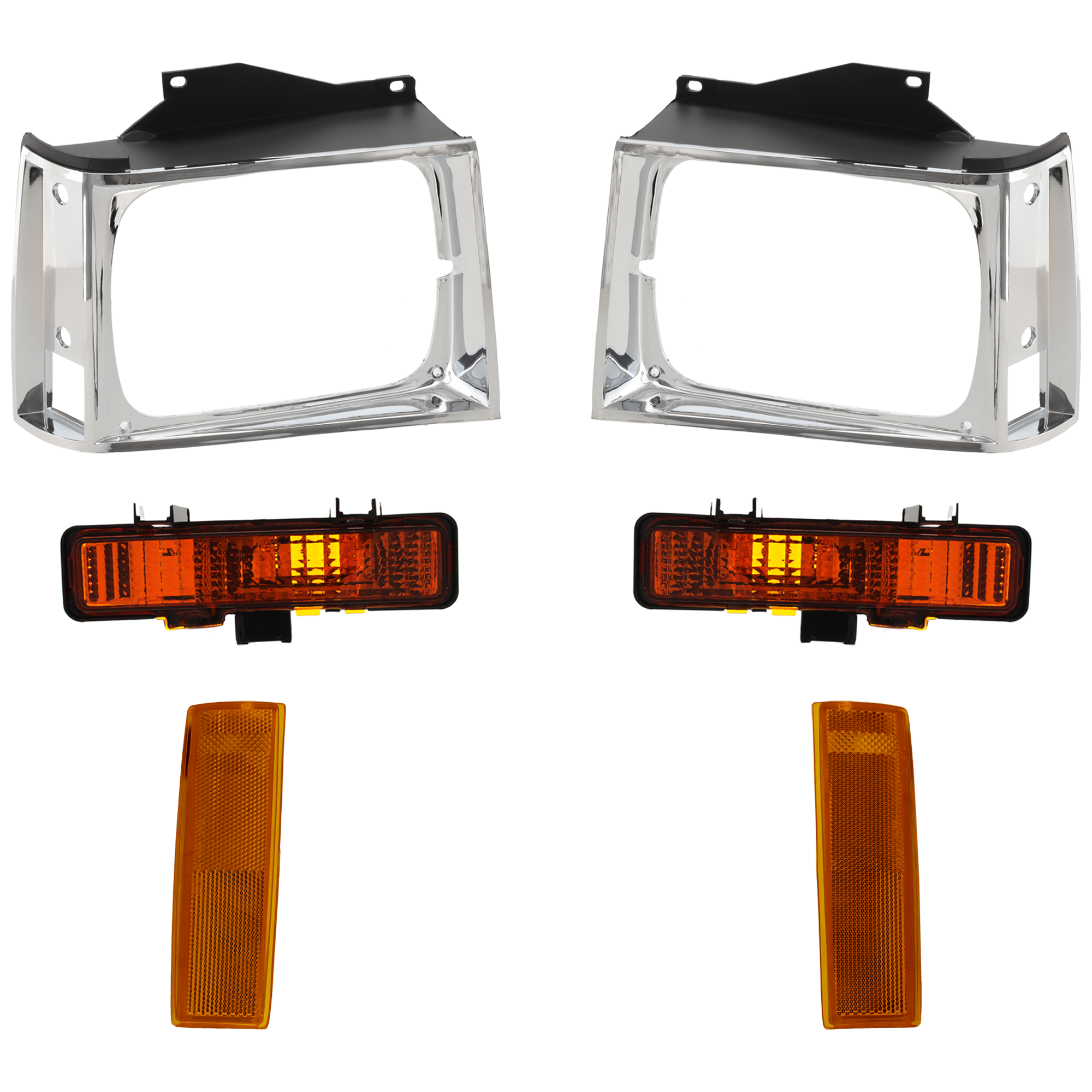 AM S10 PICKUP 82-90 HEAD LAMP DOOR RH AND LH 6 pc kit w Corner Light and Turn Signal Light Chrome SKU KIT 071624-23 Partslink GM2512121 GM2513121 GM2551108 GM2550116 GM2521109 GM2520109 OEM 15591585-15591586-929918-92991