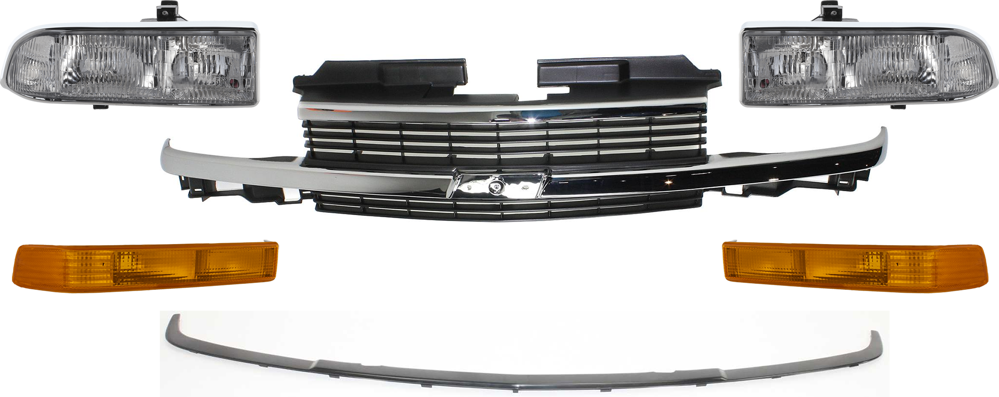 AM BLAZER 98-05 S10 PICKUP 98-04 GRILLE 6 pc Kit Hor. Bar Insert Painted Gray Shell and Insert w Chr Centre Bar w Appearance Pkg SKU KIT 071624-28 Partslink GM1200397 GM1087239 GM2502172 GM2503172 GM2520162 GM2521162 OEM 15015044-15015660-16526217-165