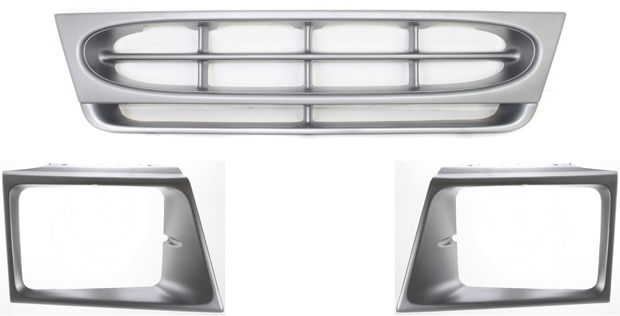 AM ECONOLINE VAN 97-02 GRILLE 3 pc Kit Plastic Painted Silver Shell and Insert SKU KIT 071624-29 Partslink FO1200338 FO2512158 FO2513158 OEM F8UZ8200BAA F7UZ13064AAA F7UZ1