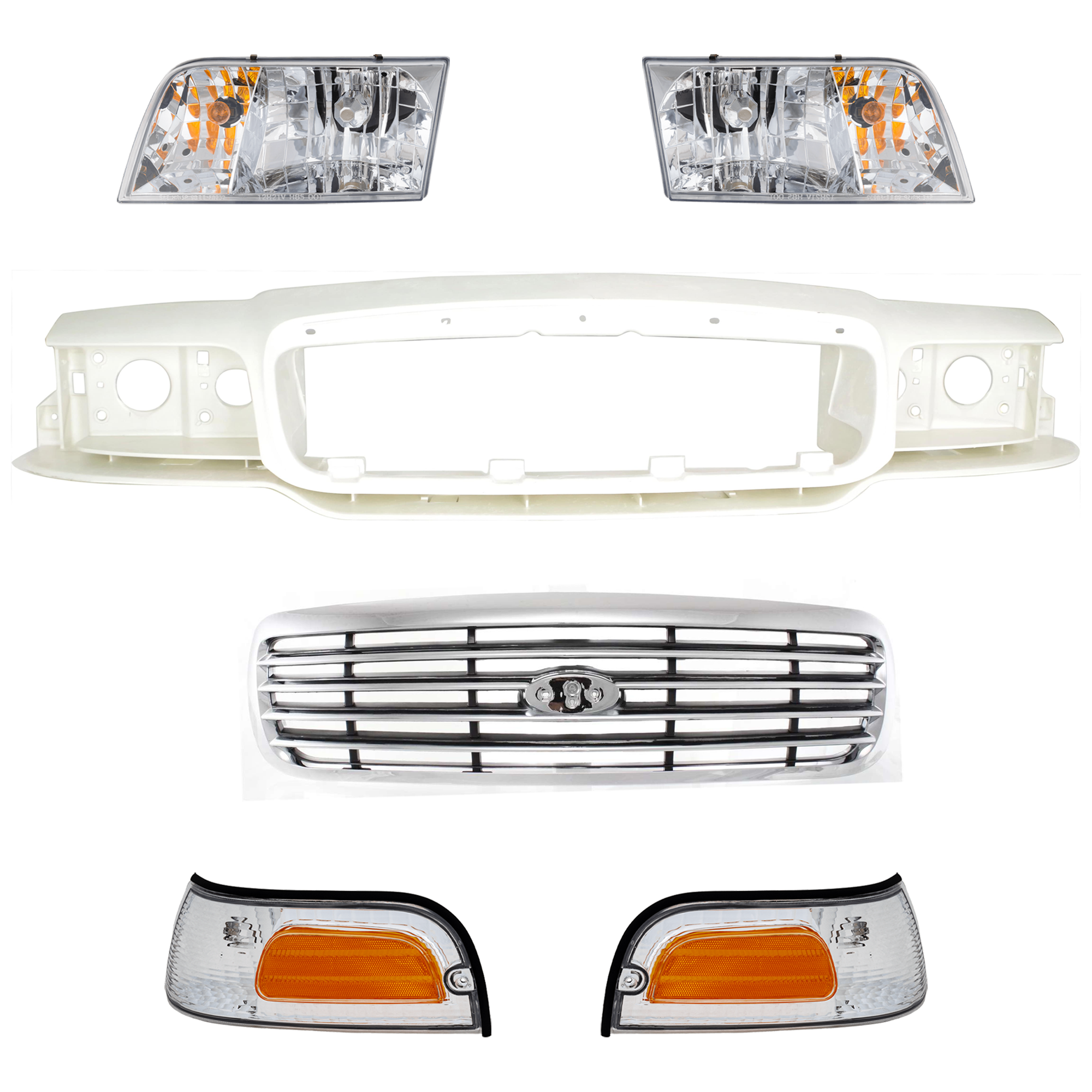 AM CROWN VICTORIA 98-11 HEADER PANEL 6 pc Kit w Grille Assembly Headlight and Corner Light SKU KIT 071624-31 Partslink FO1220209 FO2520147 FO2521147 FO1200346 OEM 6W7Z8190A XW7Z15A201BB XW7Z15A