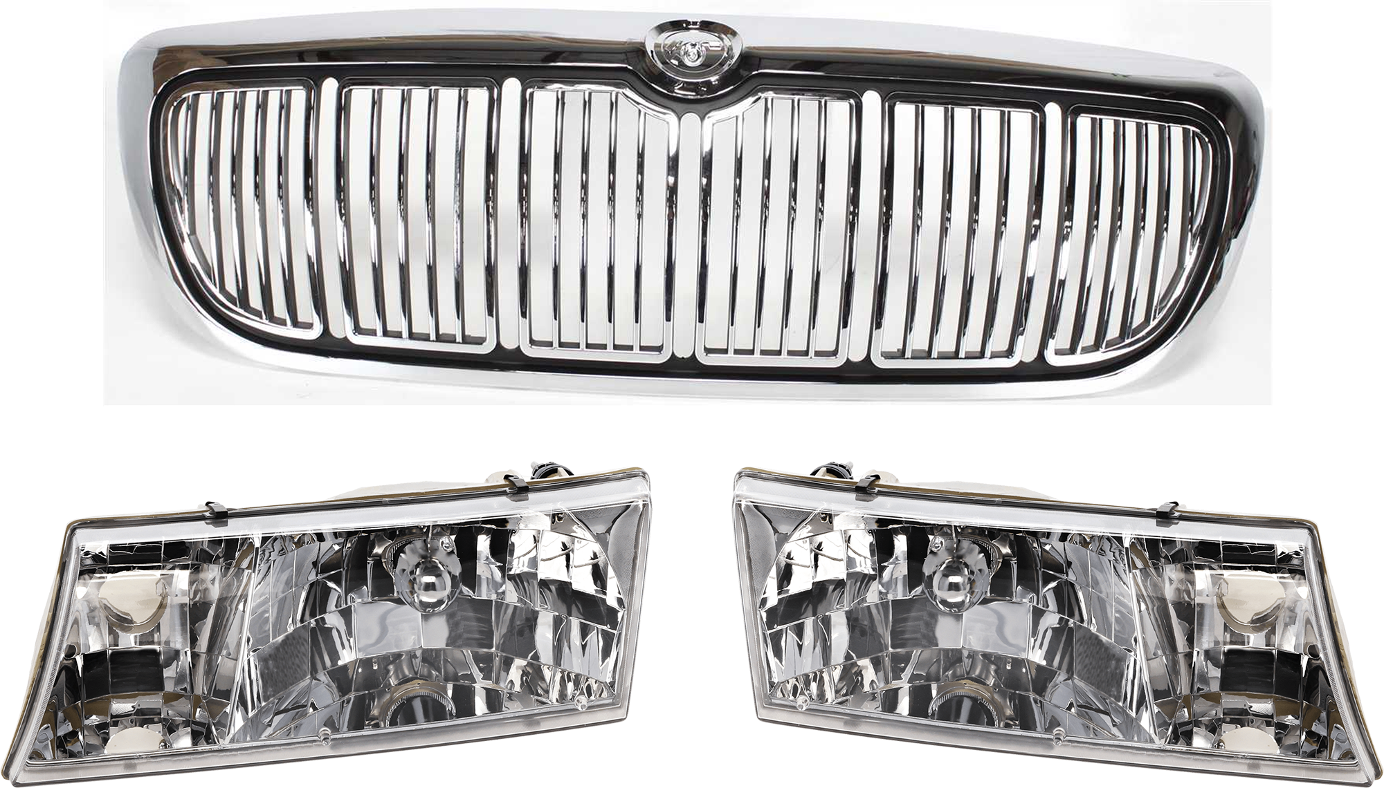 AM GRAND MARQUIS 98-02 GRILLE 3 pc Kit w Headlight Chrome Shell Painted Black Insert SKU KIT 071624-33 Partslink FO1200353 FO2502149 FO2503149 OEM F8MZ8200AA YW3Z13008CB YW3Z130