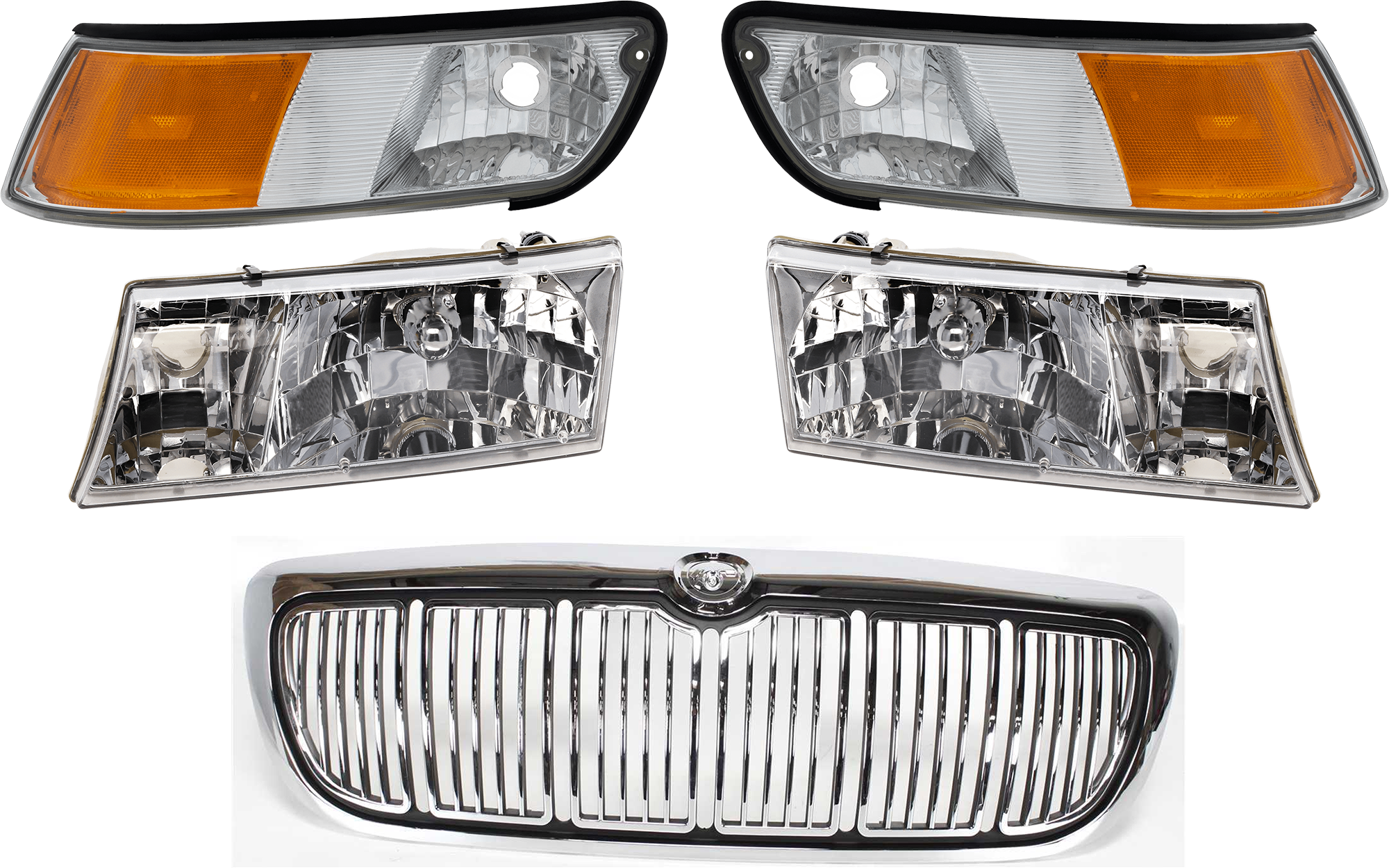 AM GRAND MARQUIS 98-02 GRILLE 5 pc Kit w Headlight and Corner Light Chrome Shell Painted Black Insert SKU KIT 071624-34 Partslink FO1200353 FO2550124 FO2551124 FO2503149 FO2502149 OEM F8MZ8200AA XW3Z15A201BB XW3Z15