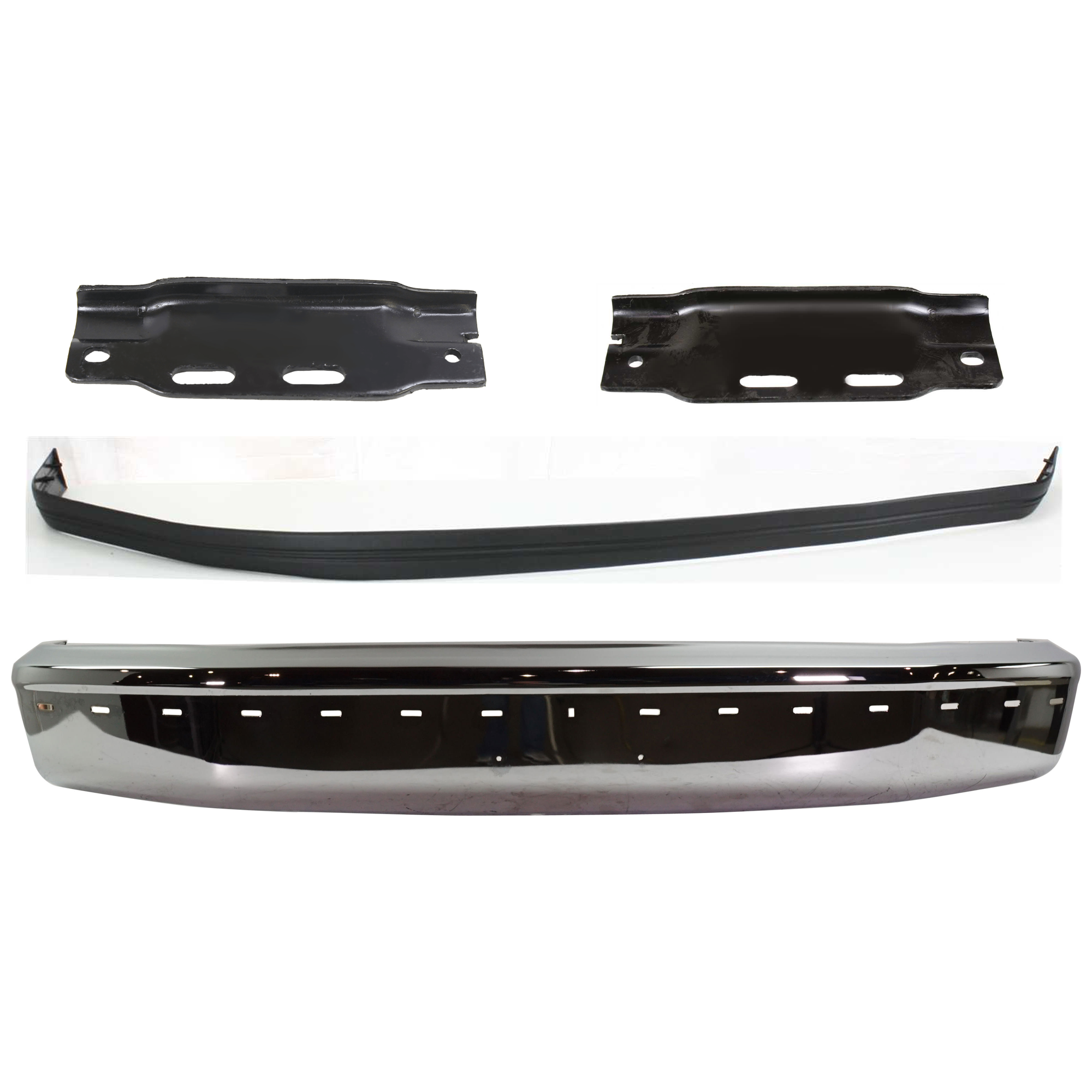AM F SERIES 92-96 FRONT BUMPER CHROME 4 pc kit w Bumper Trim Bumper Bracket and Mldg Holes w o Air Holes 1997 F 250HD F 350 SKU KIT 071624-35 Partslink FO1002237 FO1066108 FO1067108 FO1057220 OEM F2TZ17757B F2TZ17752B F2TZ1775