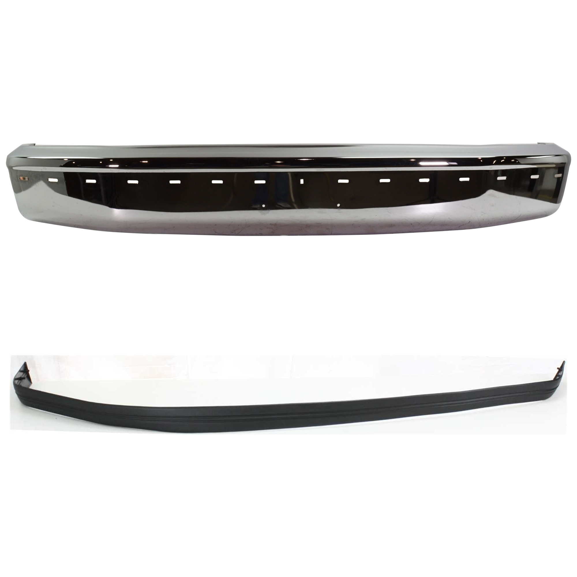 AM F SERIES 92-96 FRONT BUMPER CHROME 2 pc kit w Bumper Trim and Mldg Holes w o Air Holes 1997 F 250HD F 350 SKU KIT 071624-36 Partslink FO1002237 FO1057220 OEM F2TZ17757B F2TZ17K833A
