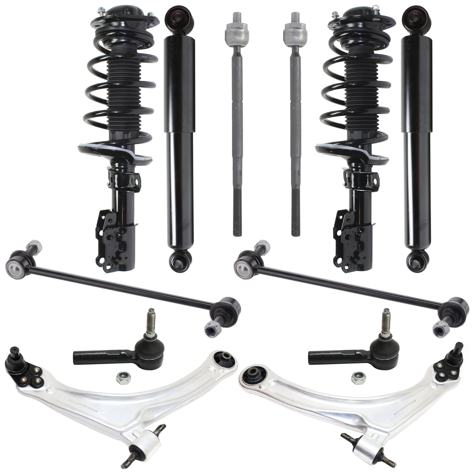 AM COBALT 05-10 G7-05-10 FRONT AND REAR SUSPENSION KIT 12 pc Kit with Control Arms Loaded Struts Shock Absorbers Sway Bar Links and Tie Rod Ends SKU KIT 071721-92 OEM 15787556-15803766-15787555-158