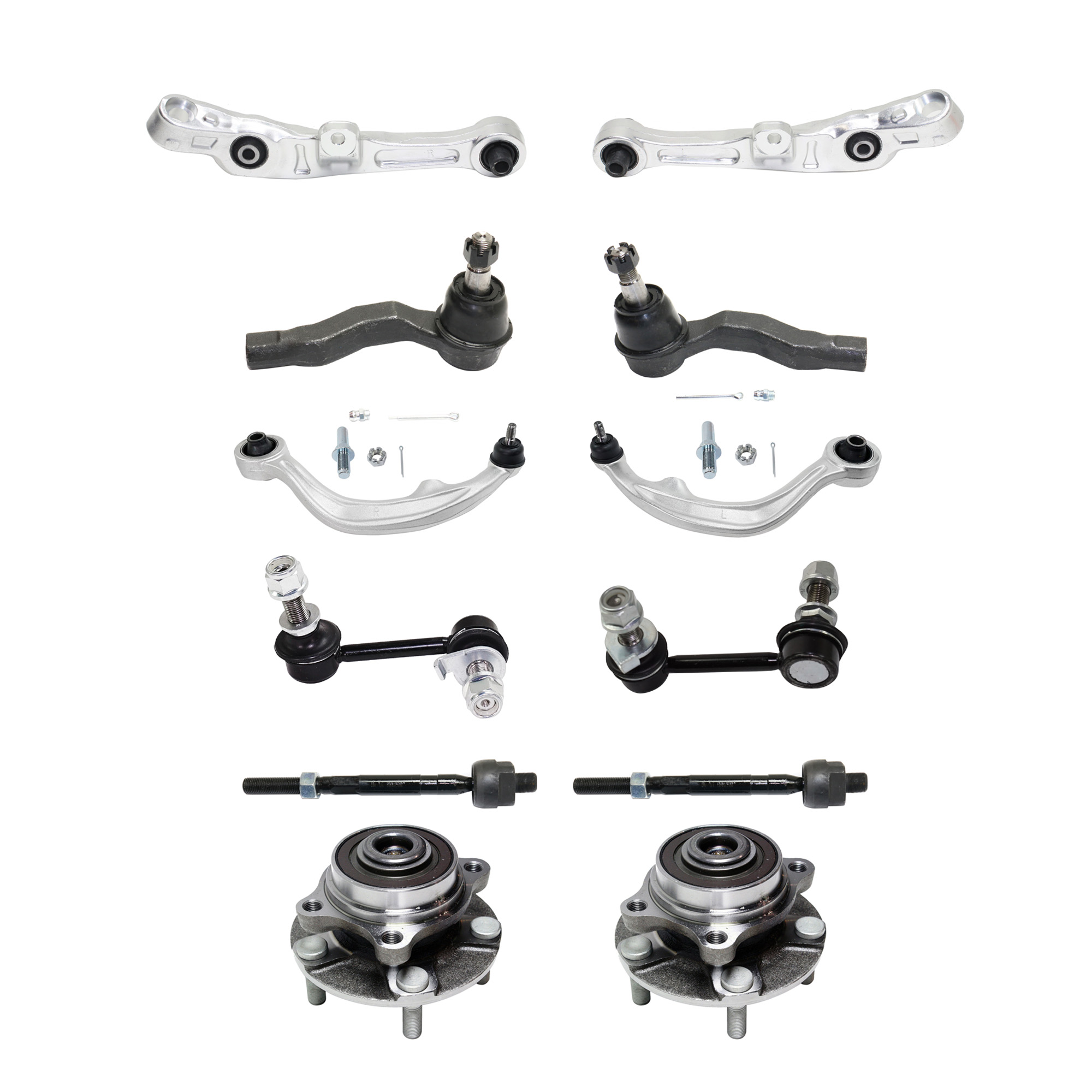 AM G35-350Z 03-04 FRONT SUSPENSION KIT RH AND LH 12 pc kit with Control Arms Sway Bar Links Tie Rod Ends and Wheel Hubs SKU KIT 071721-98 OEM 54468CD00C 54469CD00C 54469AC7