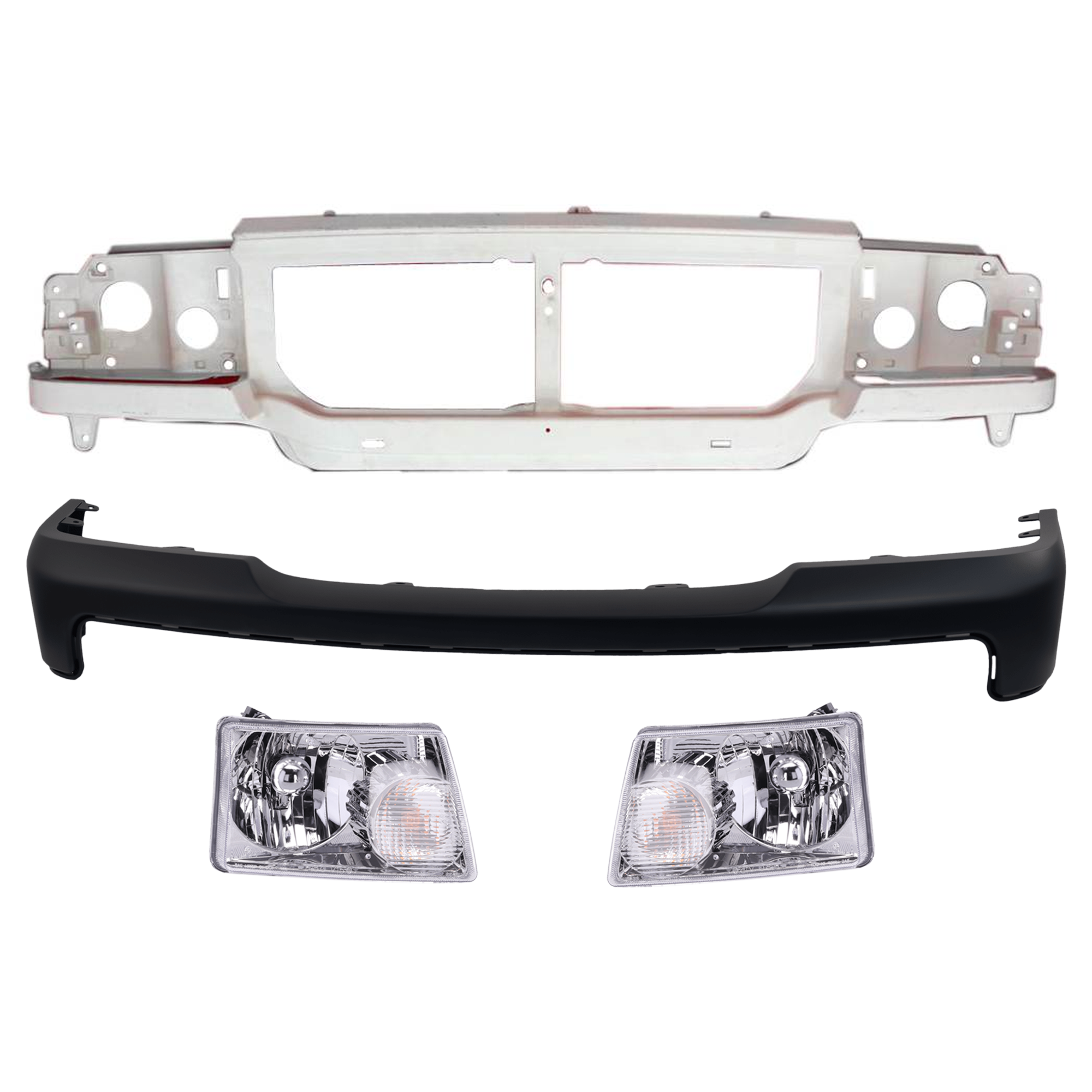 AM RANGER 06-11 HEADER PANEL 4 pc Kit with Bumper Cover and Headlight SKU KIT 071724-13 Partslink FO1220228 FO1000608 FO2502173 FO2503173 OEM 6L5Z8A284AA 6L5Z17D957BAPTM 6L