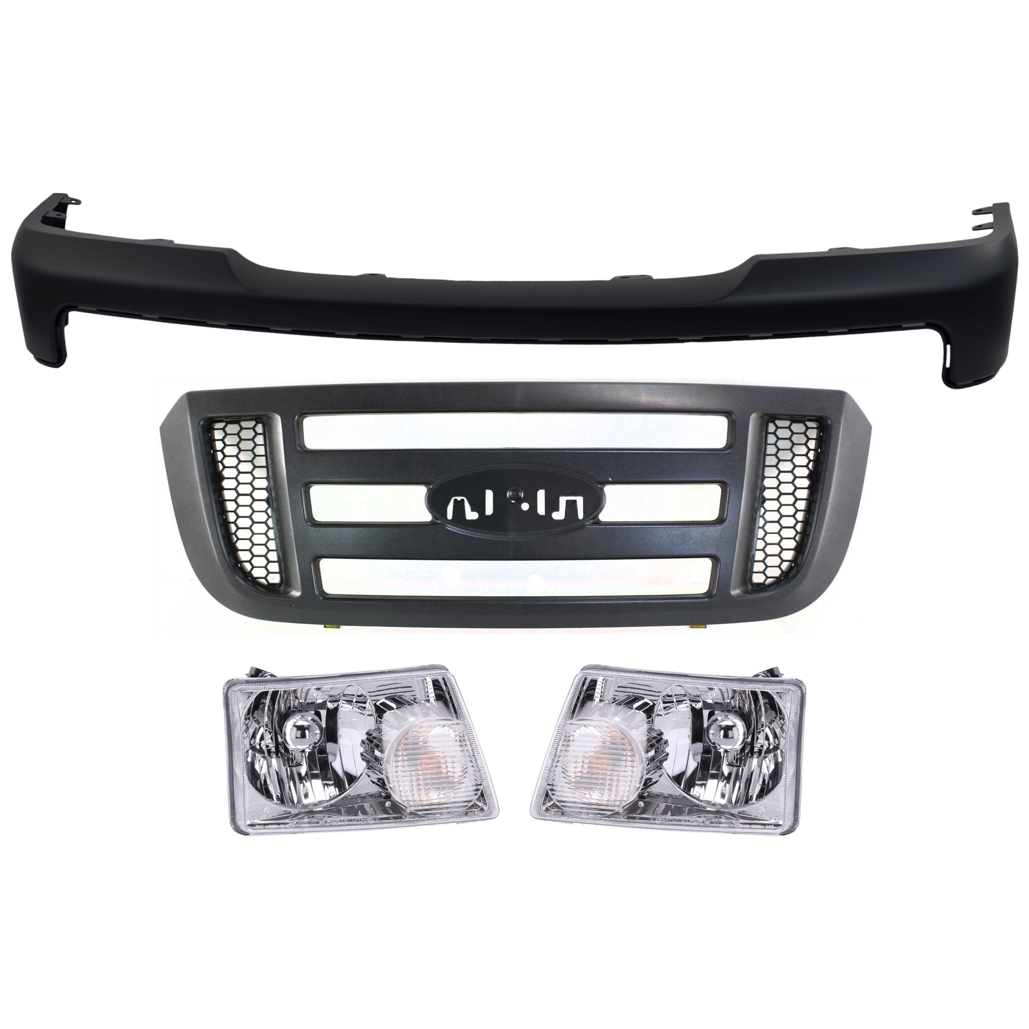 AM RANGER 06-11 GRILLE 4 pc Kit Textured Dark Gray Shell w Black Inner Grille with Bumper Cover and Headlight SKU KIT 071724-14 Partslink FO1000608 FO2503173 FO2502173 OEM 6L5Z8200BAC 6L5Z17D957BAPTM 6L