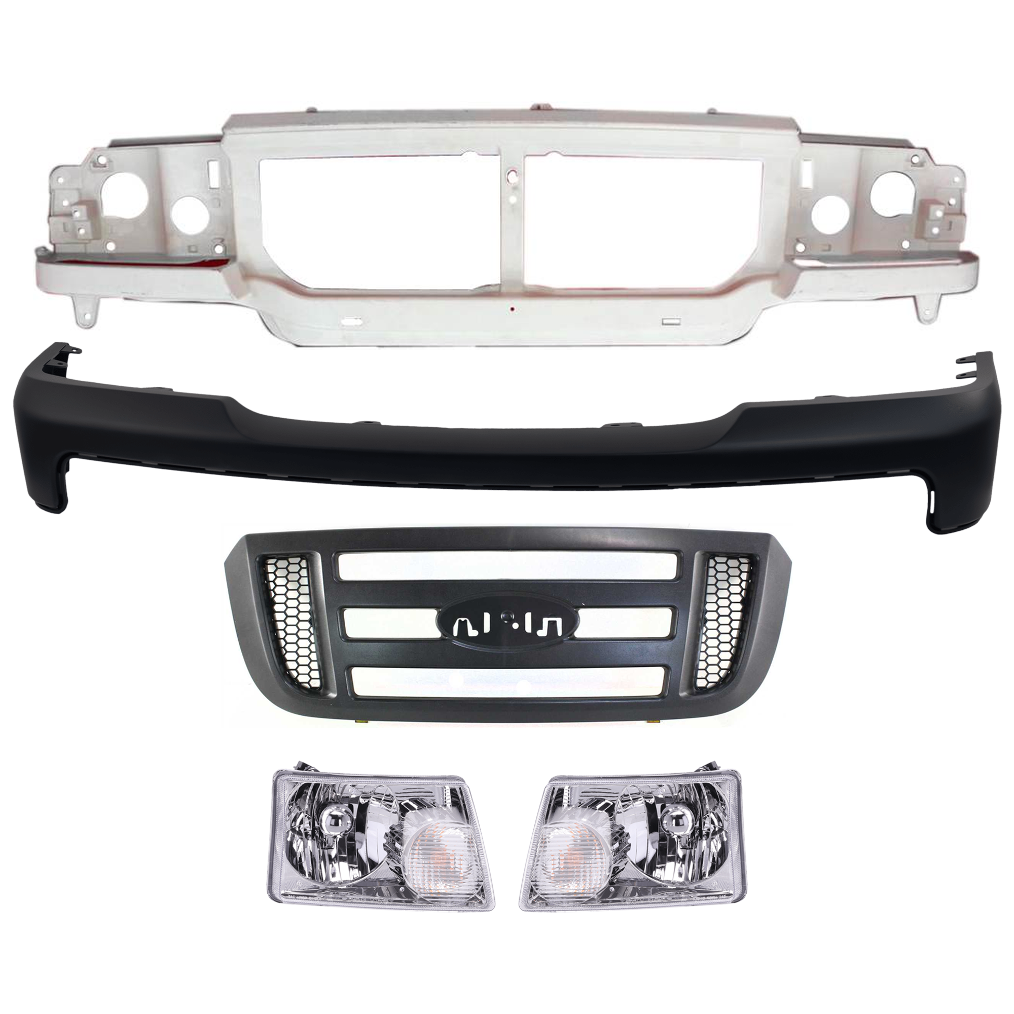 AM RANGER 06-11 HEADER PANEL 5 pc Kit with Bumper Cover GRILLE and Headlight SKU KIT 071724-21 Partslink FO1220228 FO1000608 FO2503173 FO2502173 OEM 6L5Z8A284AA 6L5Z17D957BAPTM 6L