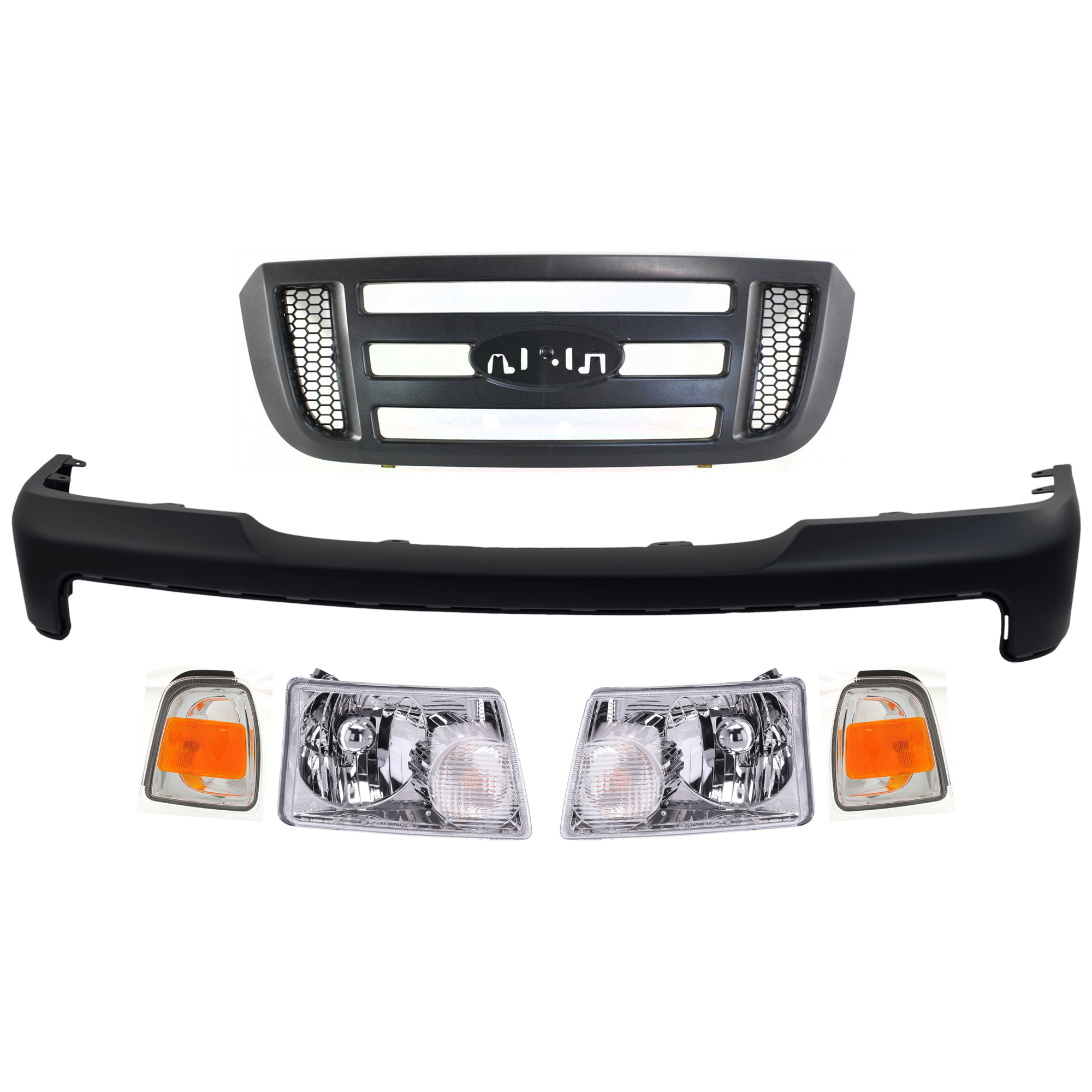 AM RANGER 06-11 GRILLE 6 pc Kit Textured Dark Gray Shell w Black Inner Grille with Bumper Cover Corner Light and Headlight SKU KIT 071724-24 Partslink FO1000608 FO2531171 FO2530171 FO2502173 FO2503173 OEM 6L5Z8200BAC 6L5Z17D957BAPTM 6L