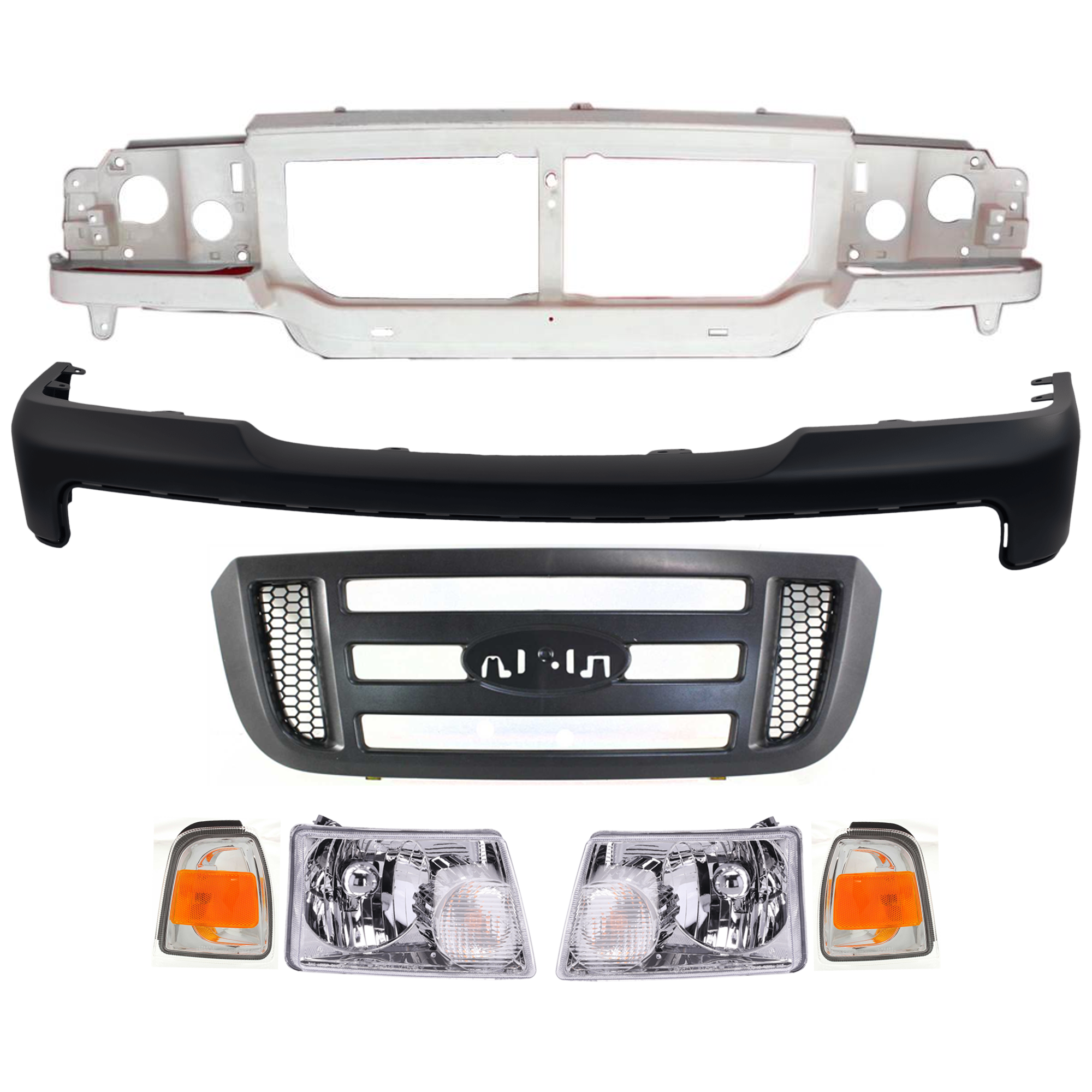 AM RANGER 06-11 HEADER PANEL 7 pc Kit with Bumper Cover Corner Light GRILLE and Headlight SKU KIT 071724-28 Partslink FO1220228 FO1000608 FO2530171 FO2531171 FO2502173 FO2503173 OEM 6L5Z8A284AA 6L5Z17D957BAPTM 6L