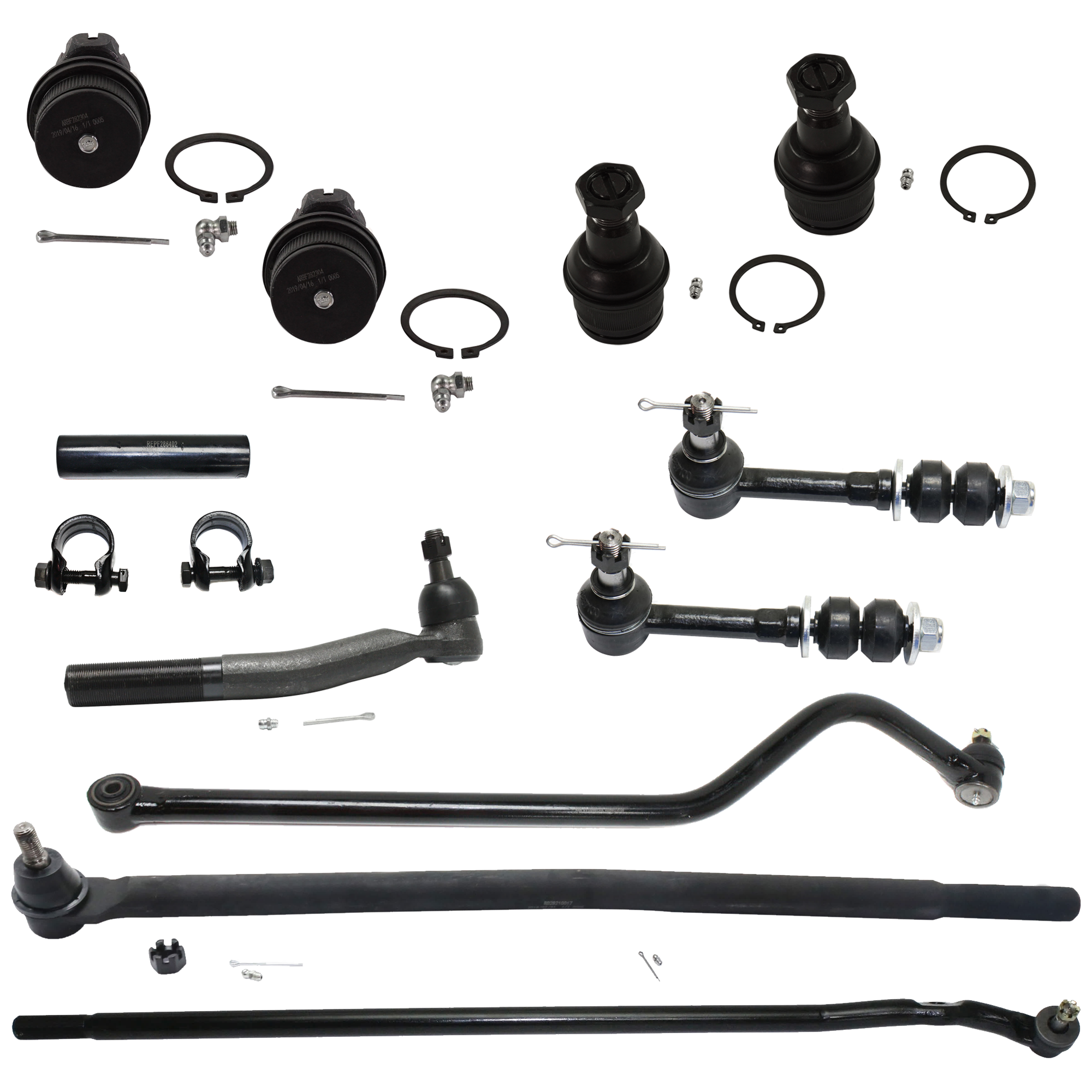 AM RAM 2500 RAM 3500-98-99 FRONT SUSPENSION KIT 11 pc kit with Ball Joint Sway Bar Link Tie Rod Adjusting Sleeve Tie Rod End and Track Bar SKU KIT 071724-32 OEM 10339-104273-2601248-2601646-4