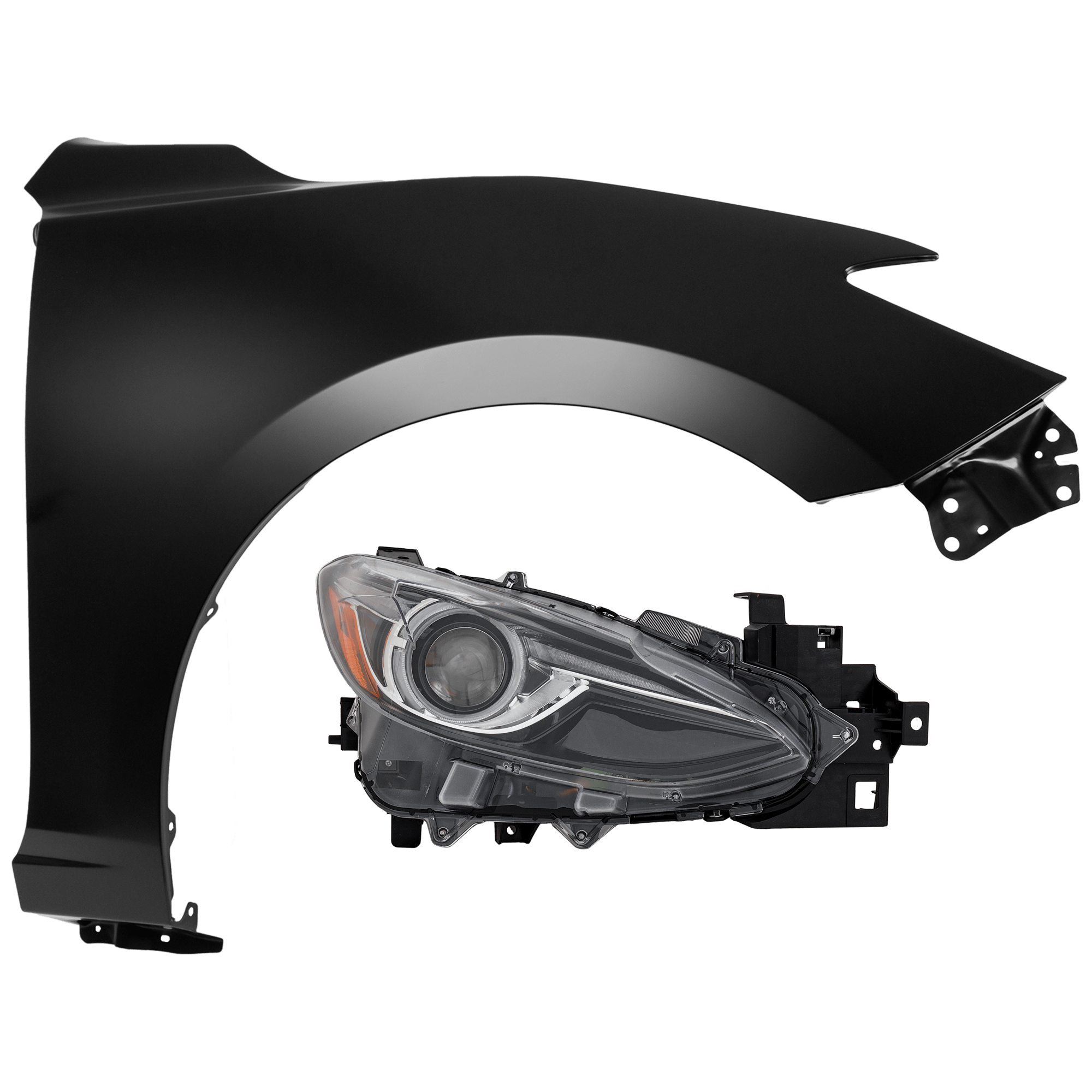 AM MAZDA 3-14-18-3 SPORT 14-17 HEAD LAMP RH 2 pc Kit Lens and Housing HID Xenon w o HID Kit w o Auto Level Control with Fender SKU KIT 071726-06 Partslink MA2503145 MA1241172 OEM BHN251031B BJS752111