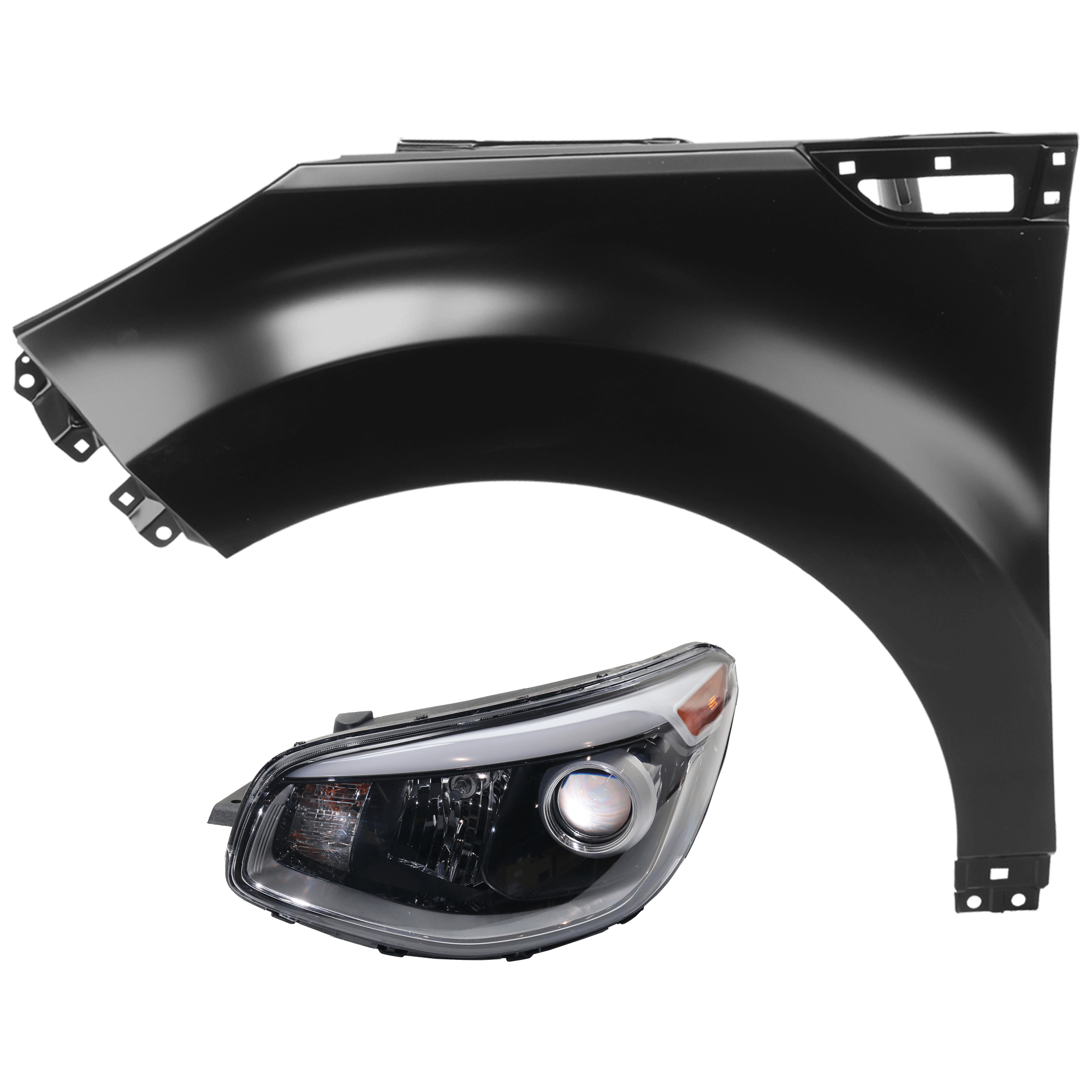 AM SOUL 17-19 HEAD LAMP LH 2 pc Kit Assembly Halogen Projector Type with Fender SKU KIT 071726-108 Partslink KI2502223 KI1240141 OEM 92101B2750-66311B2000