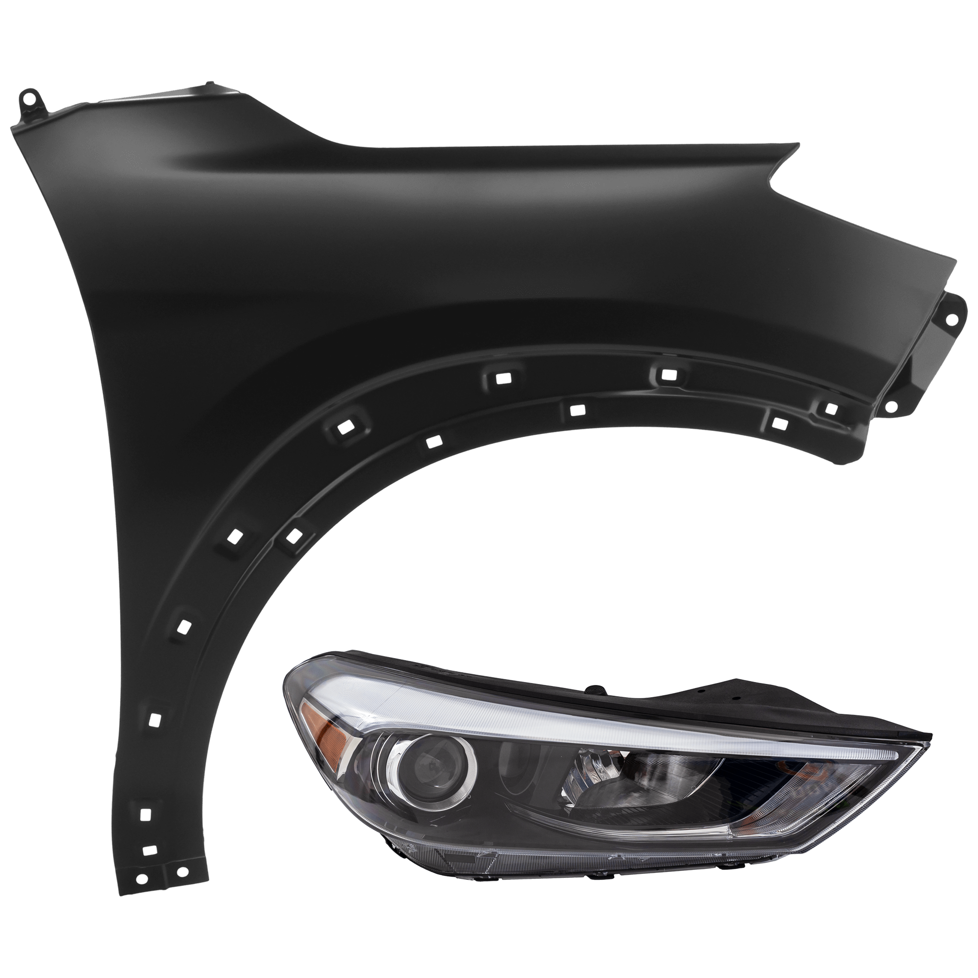 AM TUCSON 16-18 HEAD LAMP RH 2 pc Kit Assembly Halogen w LED Position Light with Fender SKU KIT 071726-112 Partslink HY2503200 HY1241165 OEM 92102D3150-66321D3000