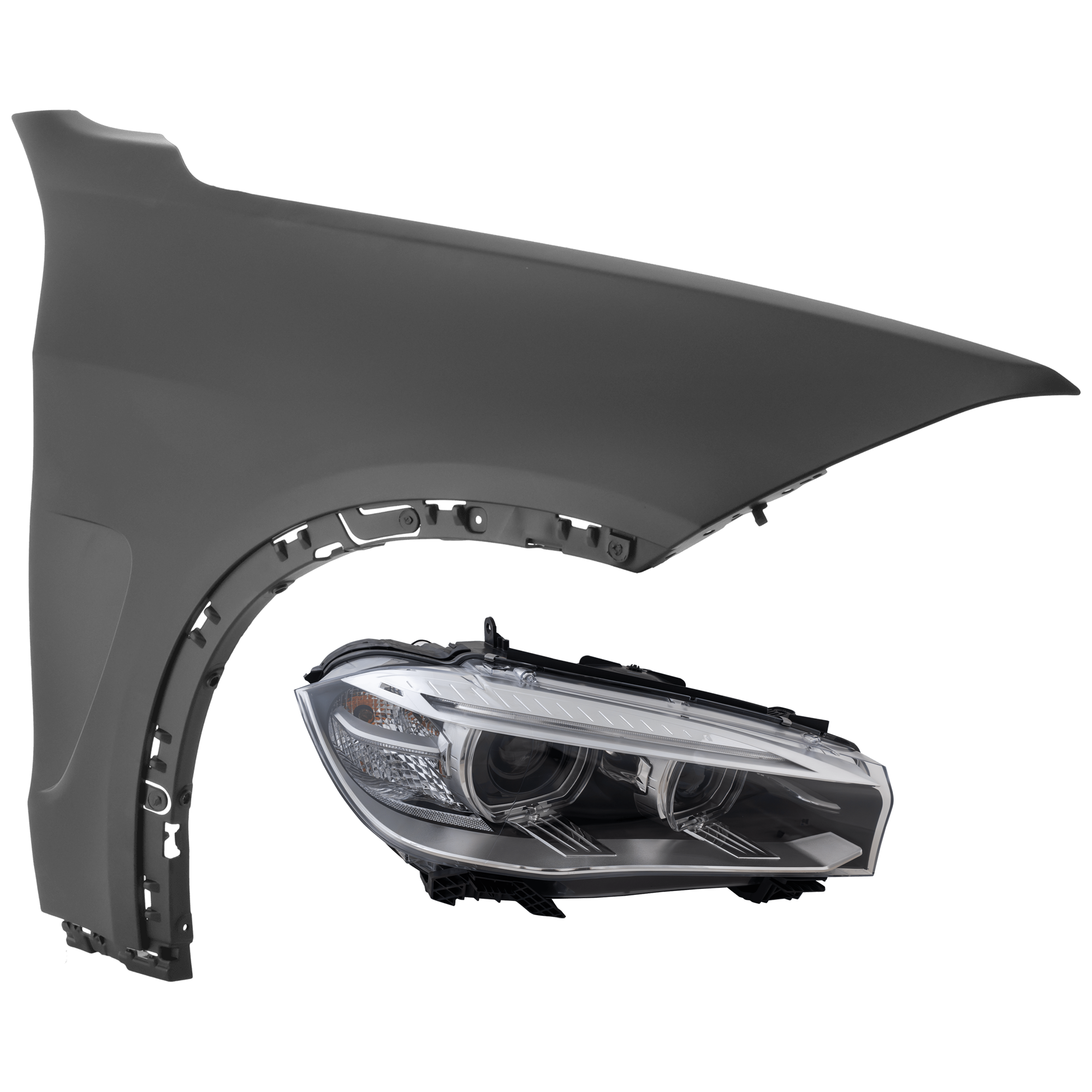 AM X5-14-18 HEAD LAMP RH 2 pc Kit Lens and Housing HID Xenon w o HID Kit w Adaptive Frontlighting System with Fender SKU KIT 071726-124 Partslink BM2519149 BM1241157 OEM 63117317110-51657373542