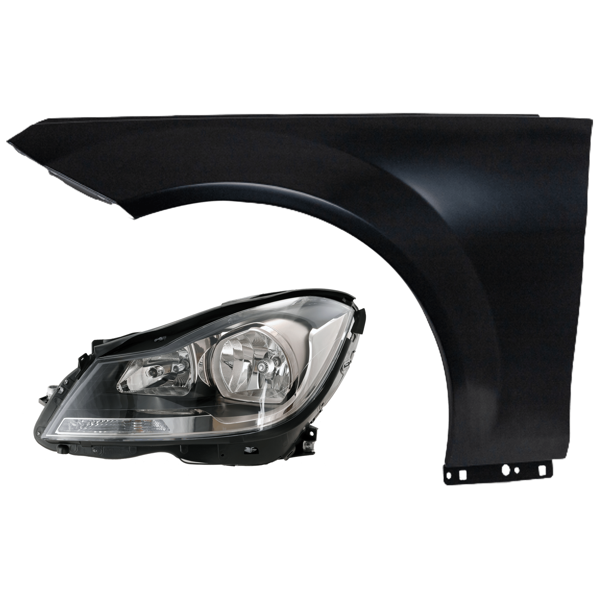 AM C250 C350-12-15 HEAD LAMP LH 2 pc Kit Assembly Halogen Black Interior Coupe with Fender SKU KIT 071726-125 Partslink MB2502186 MB1240132 OEM 204820995980-2048209959-204880