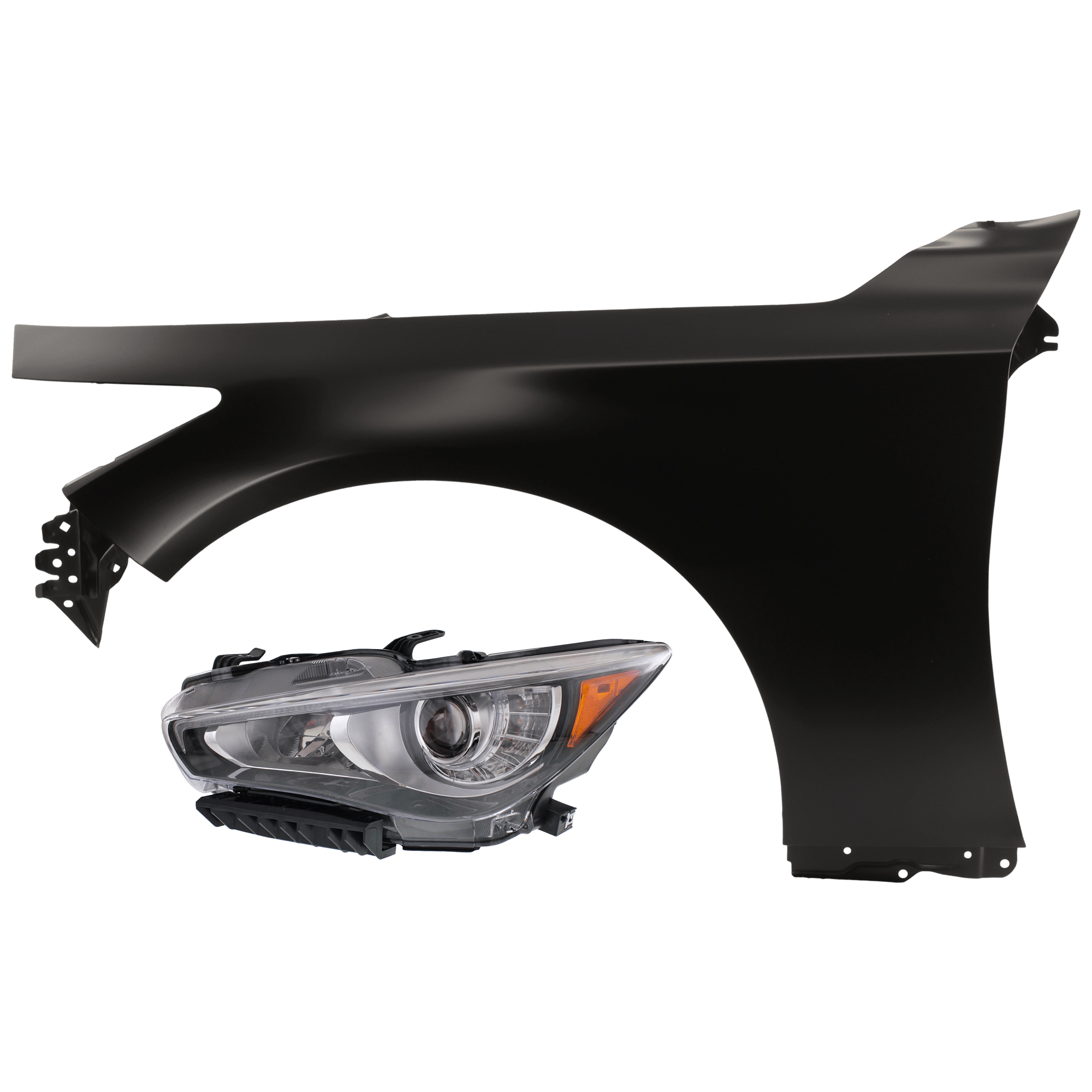 AM Q50-14-17 HEAD LAMP LH 2 pc Kit Assembly LED w o Adaptive Headlights with Fender CAPA SKU KIT 071726-134 Partslink IN2502157C IN1240123C OEM 260604HB0B F31014HKMA