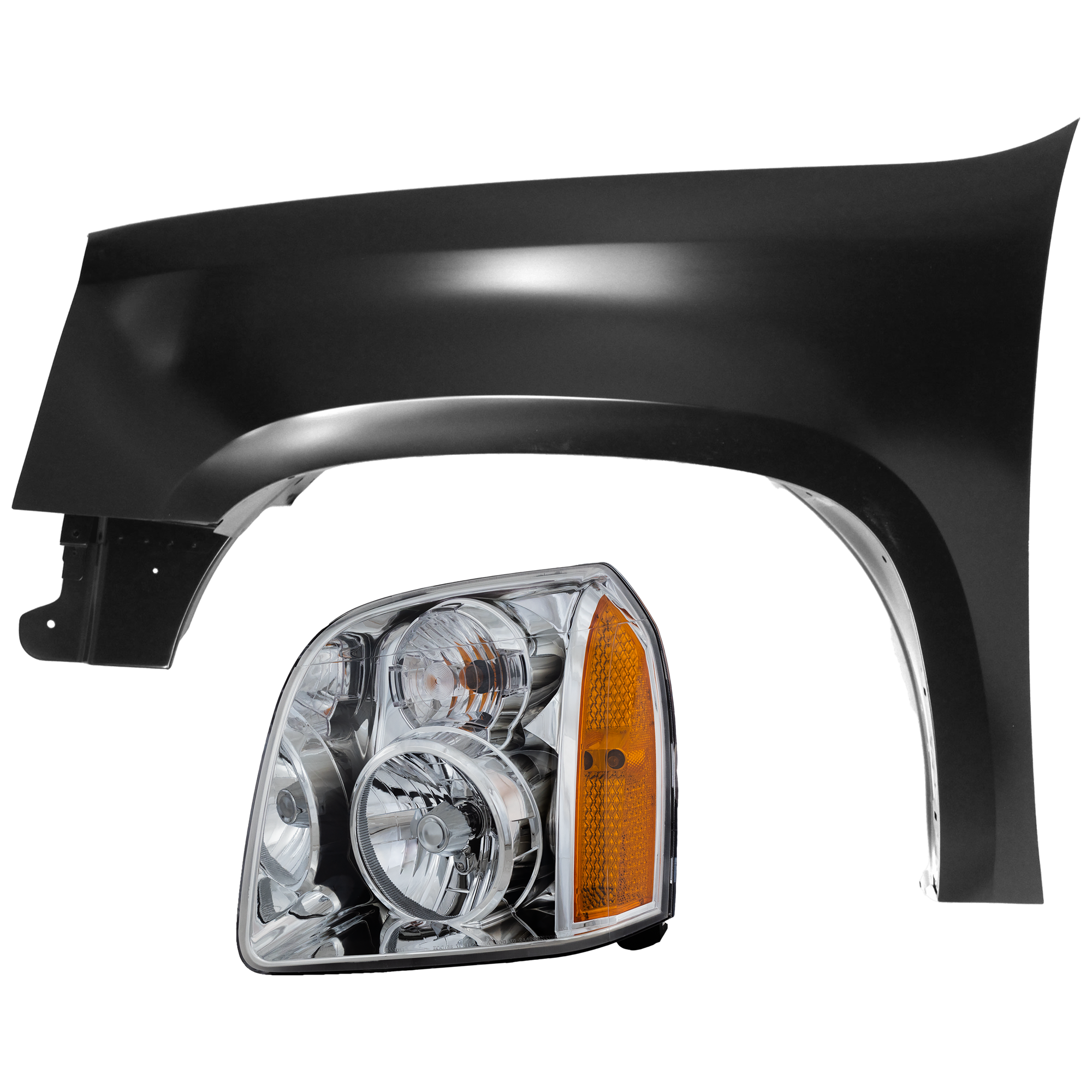 AM YUKON YUKON XL 1500-07-14 HEAD LAMP LH 2 pc Kit Assembly Halogen with Fender SKU KIT 071726-142 Partslink GM2502265 GM1240339 OEM 20969894-22977477
