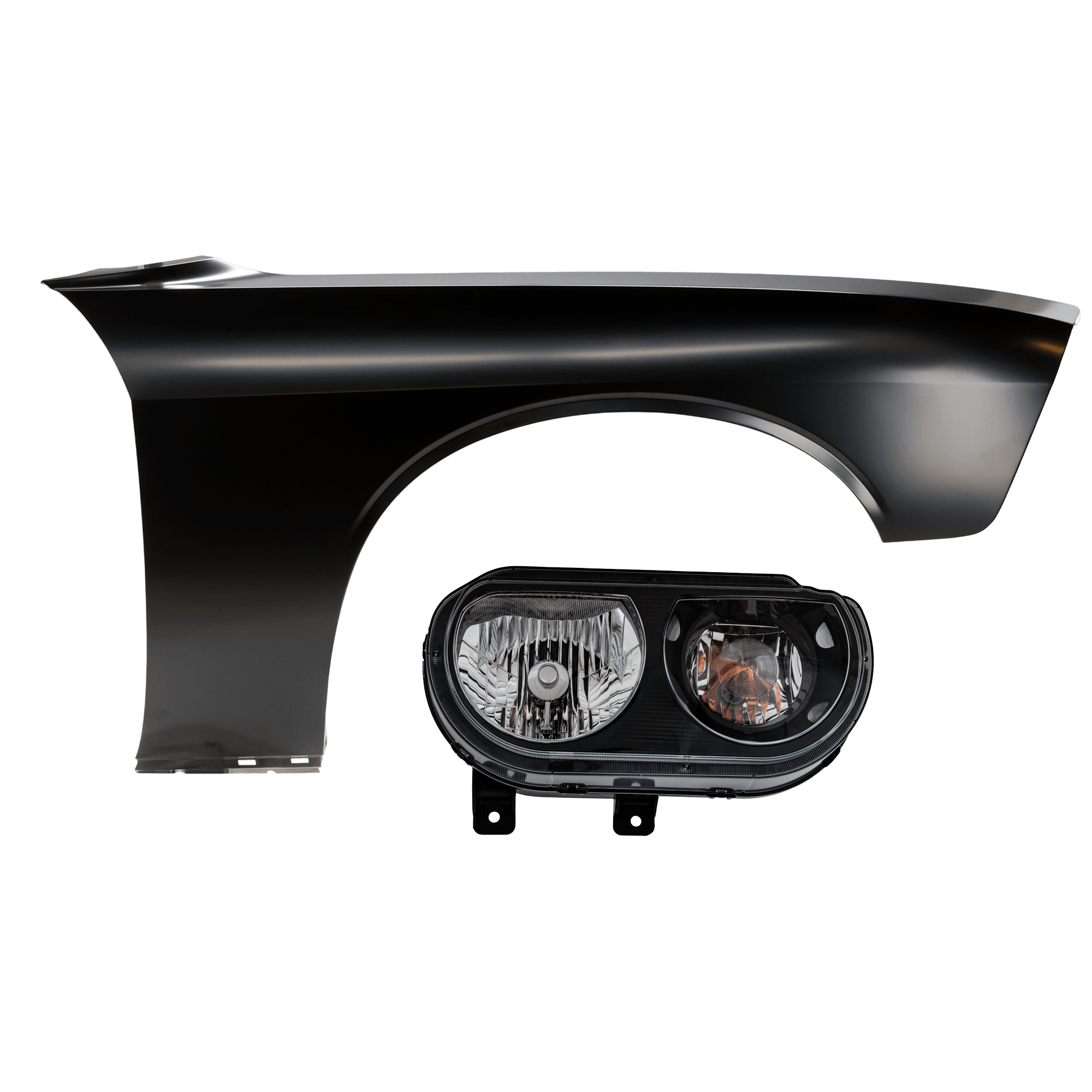 AM CHALLENGER 08-14 HEAD LAMP RH 2 pc Kit Assembly Halogen w Black Bezel with Fender SKU KIT 071726-150 Partslink CH2503358 CH1241285 OEM 5028776AA PFM 68275470AA