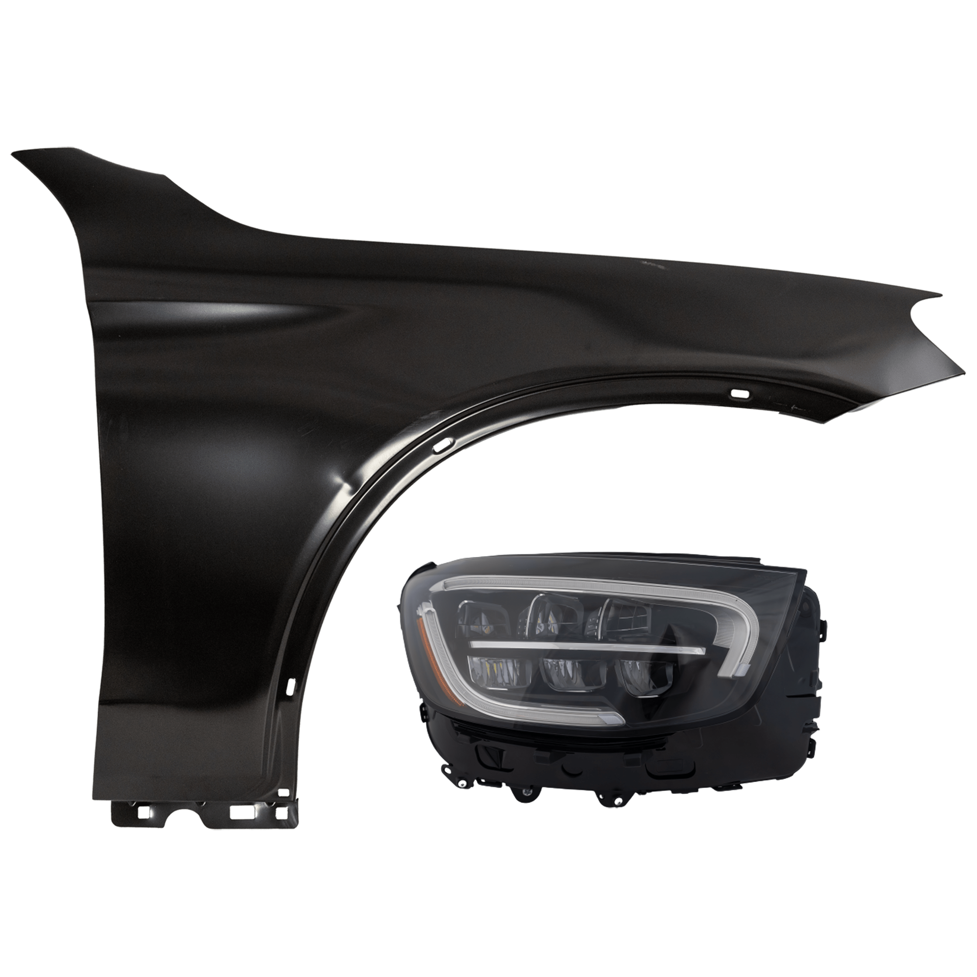 AM GLC CLASS 20-22 HEAD LAMP RH 2 pc Kit Assembly LED w o Active Lighting and Adaptive Headlight with Fender SKU KIT 071726-165 Partslink MB2503262 MB1241159 OEM 2539069203-2538800218