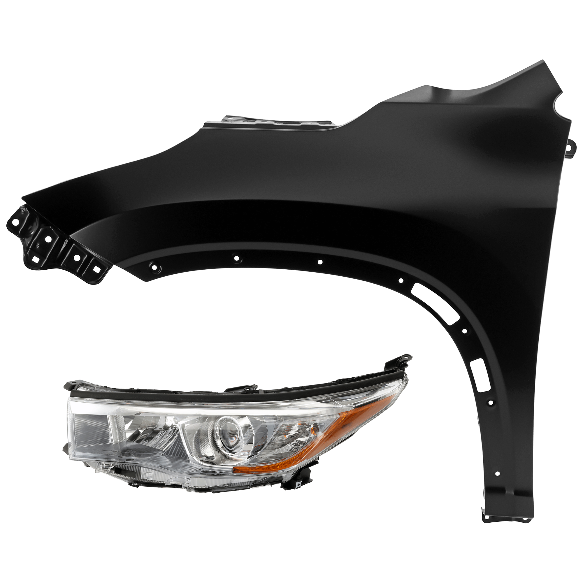 AM HIGHLANDER 14-16 HEAD LAMP LH 2 pc Kit Assembly Halogen w Smoked Chrome Accent with Fender SKU KIT 071726-171 Partslink TO2502225 TO1240251 OEM 811500E250-538020E100
