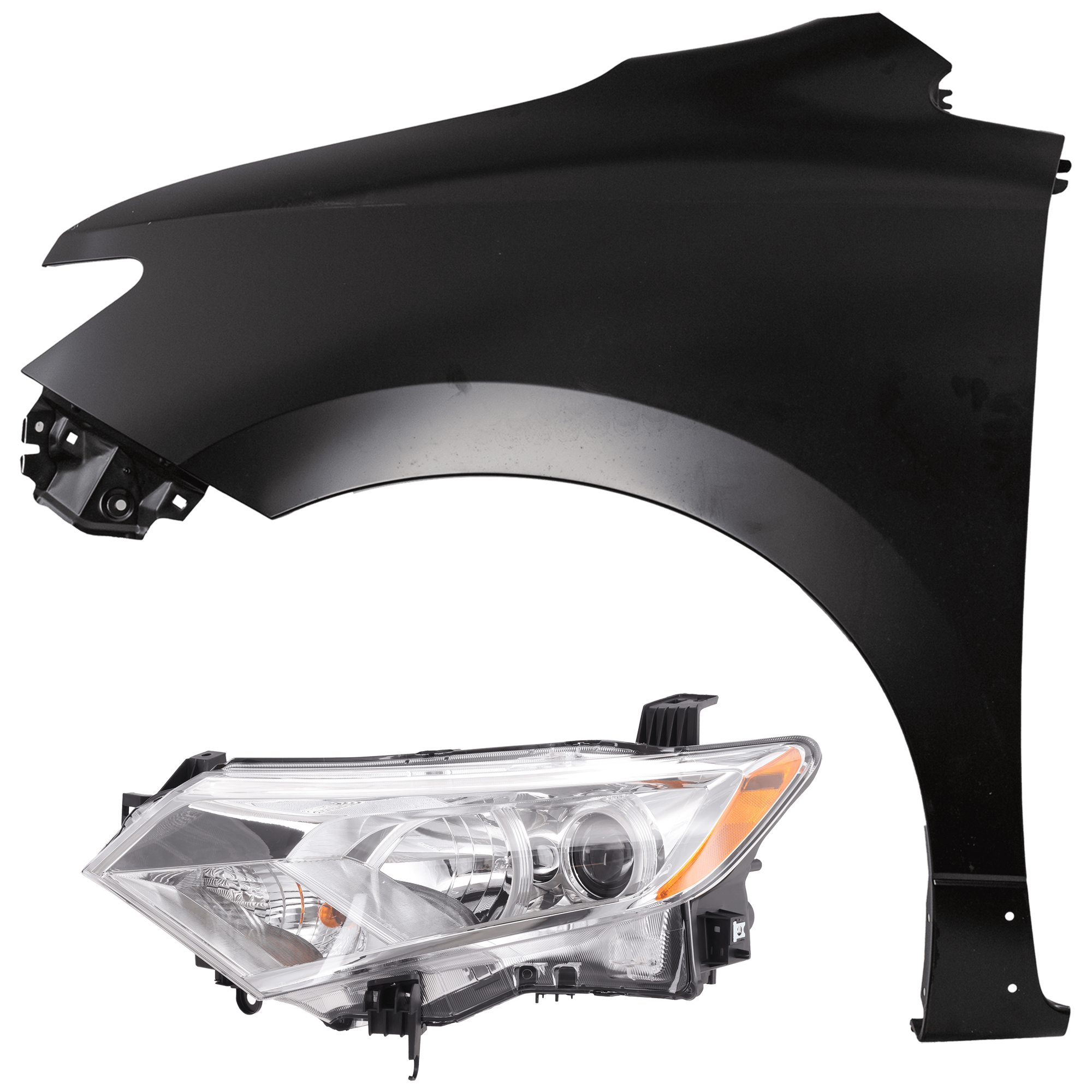 AM QUEST 12-17 HEAD LAMP LH 2 pc Kit Assembly Halogen with Fender SKU KIT 071726-173 Partslink NI2502229 NI2502237 NI1240202 OEM 260601JA0B 260601JR0A 631011JA