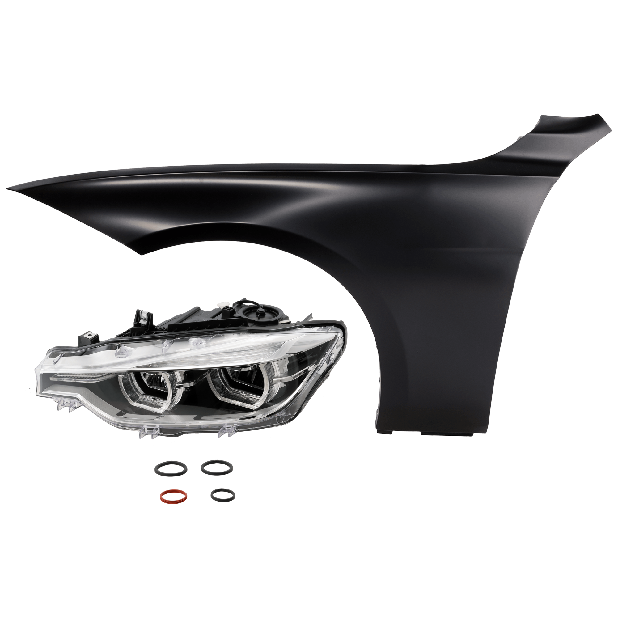 AM 3 SERIES 16-19 HEAD LAMP LH 2 pc Kit Assembly LED w o Adaptive Headlights Standard Luxury Line Model with Fender SKU KIT 071726-206 Partslink BM2502187 BM1240152 OEM 63117419629-633117419629-41009