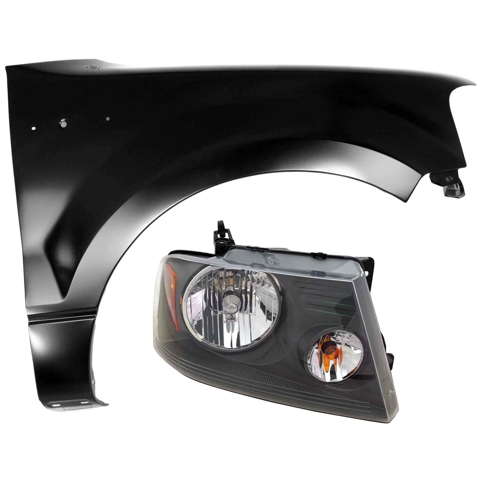 AM F 150-07-08 HEAD LAMP RH 2 pc Kit Assembly Halogen w o Chrome Trim Gray Interior with Fender SKU KIT 071726-214 Partslink FO2503248 FO1241270 OEM 7L3Z13008CA 6L3Z16005A