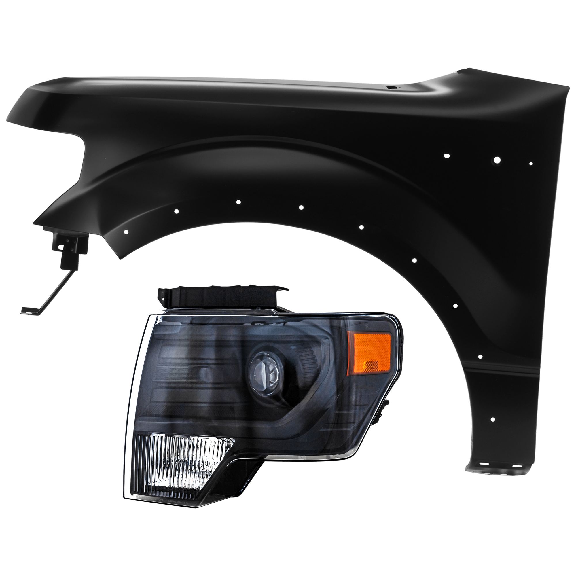 AM F 150-13-14 HEAD LAMP LH 2 pc Kit Lens and Housing HID Xenon w o HID Kit Black Interior with Fender CAPA SKU KIT 071726-219 Partslink FO2518121C FO1240273C OEM DL3Z13008FB BL3Z16006B