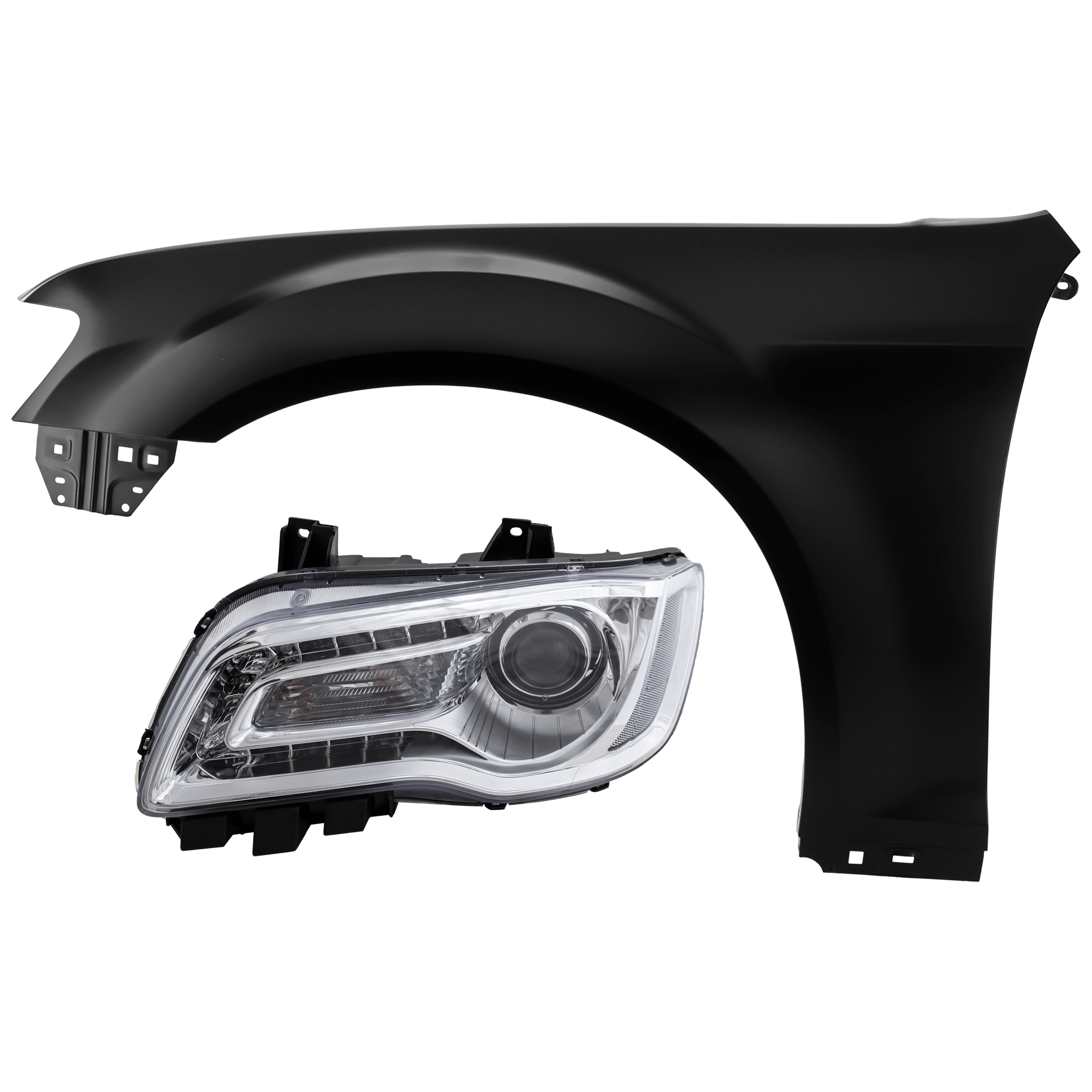 AM CHRYSLER 300-15-17 HEAD LAMP LH 2 pc Kit Assembly Halogen Chrome Interior with Fender CAPA SKU KIT 071726-226 Partslink CH2502268C CH1240277C OEM 68196277AD 55113439AD