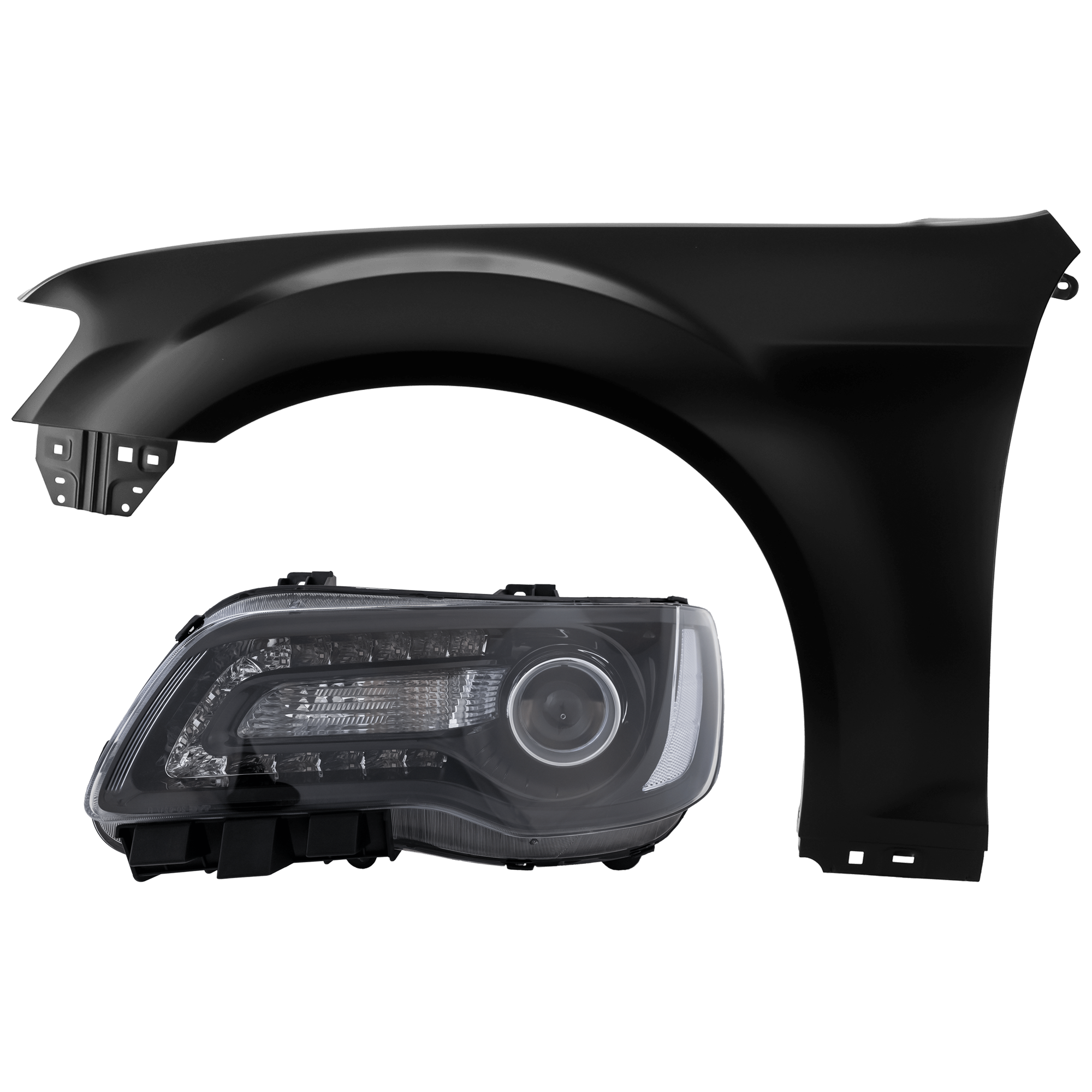 AM CHRYSLER 300-15-17 HEAD LAMP LH 2 pc Kit Assembly Halogen Black Interior with Fender CAPA SKU KIT 071726-227 Partslink CH2502269C CH1240277C OEM 68214383AD 55113439AD