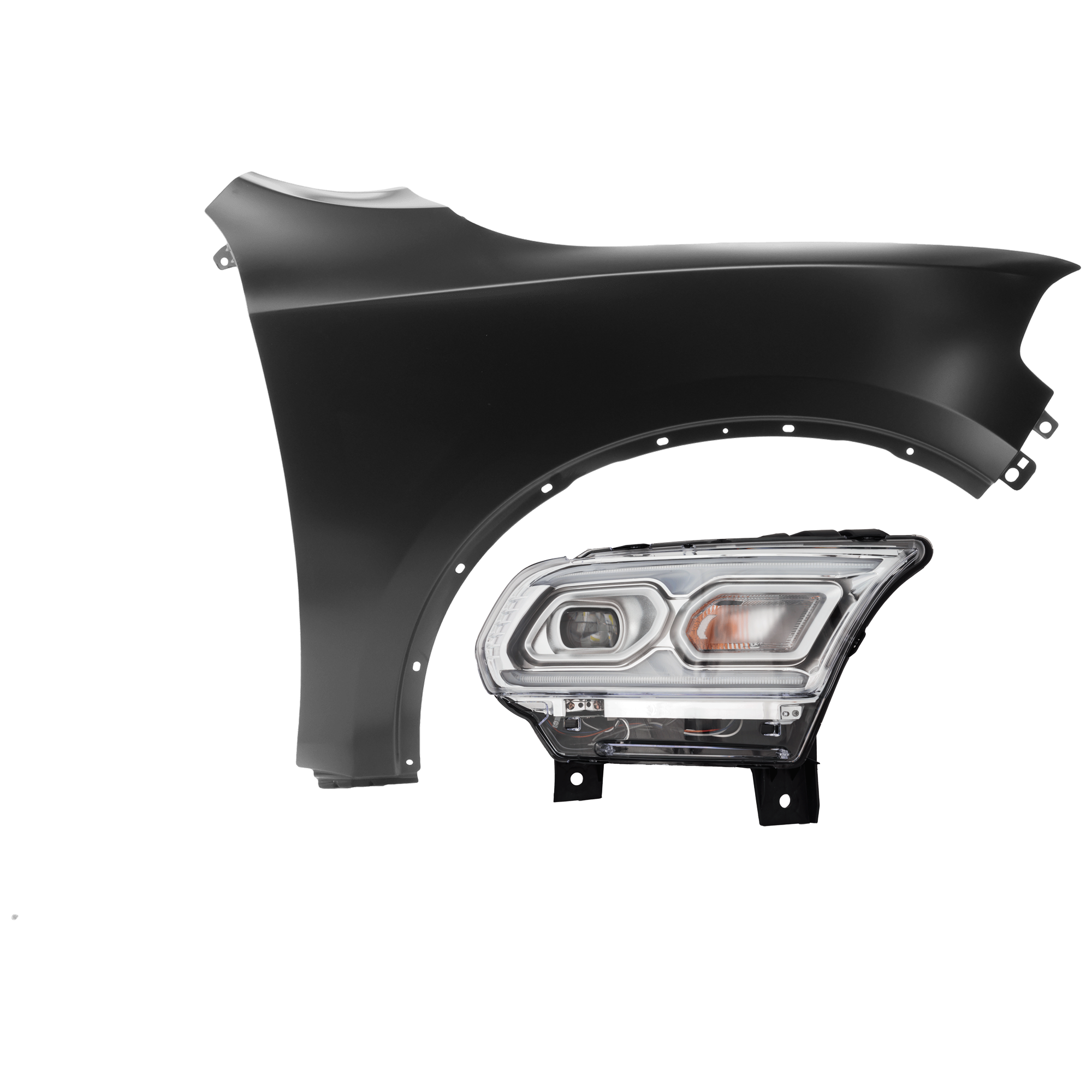 AM DURANGO 21-24 HEAD LAMP RH 2 pc Kit Assembly LED Chrome Interior w Daytime Running Light Standard Type with Fender SKU KIT 071726-229 Partslink CH2503343 CH1241273 OEM 68433776AF 55369734AD 55369734