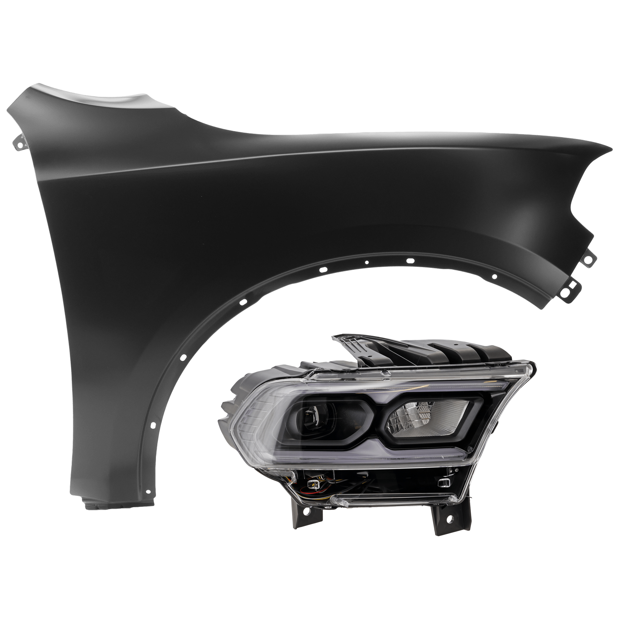 AM DURANGO 21-24 HEAD LAMP RH 2 pc Kit Assembly LED Black Interior w Daytime Running Light and Signal Light w o Headlight Leveling with Fender SKU KIT 071726-230 Partslink CH2503345 CH1241273 OEM 68433782AE 55369734AD 55369734