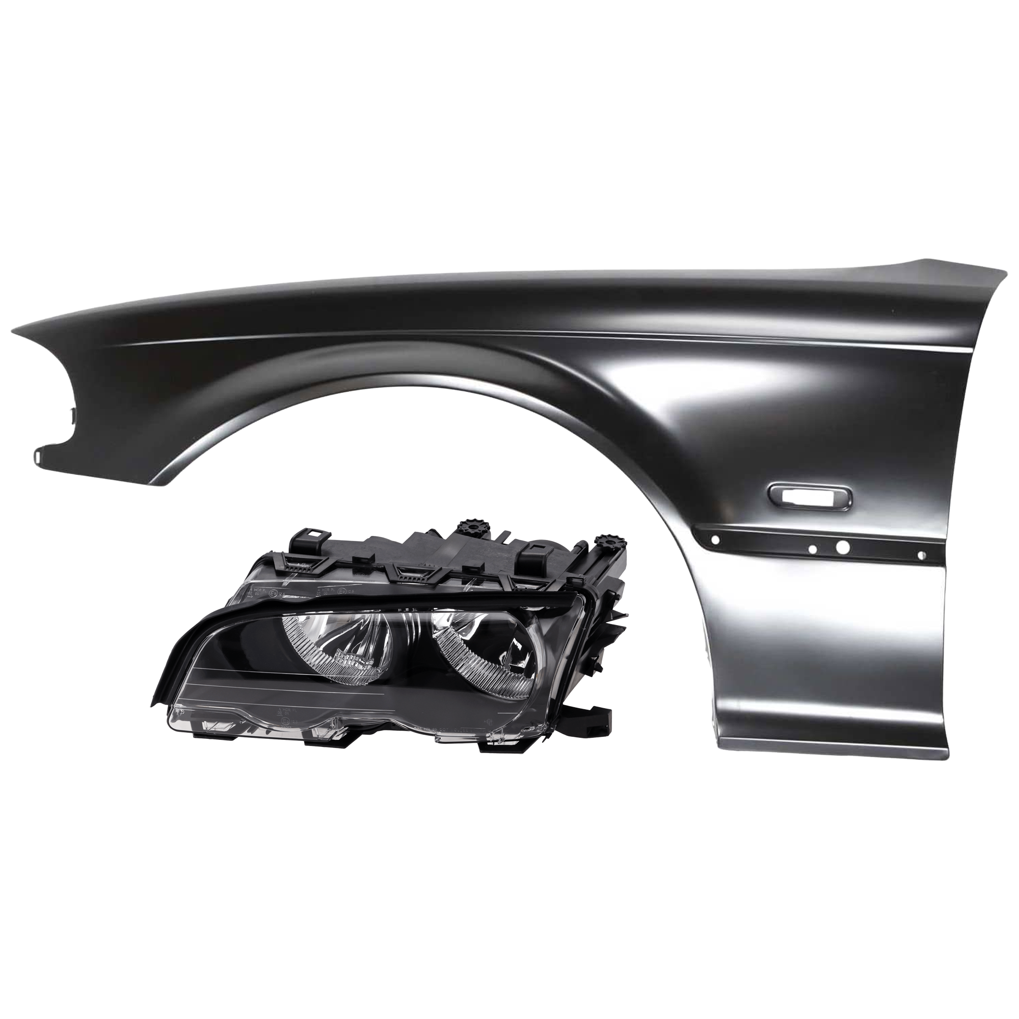 AM 3 SERIES 00-01 HEAD LAMP LH 2 pc Kit Assembly Halogen with Fender SKU KIT 071726-236 Partslink BM2502112 BM1240125 OEM 63126904279-41358241439