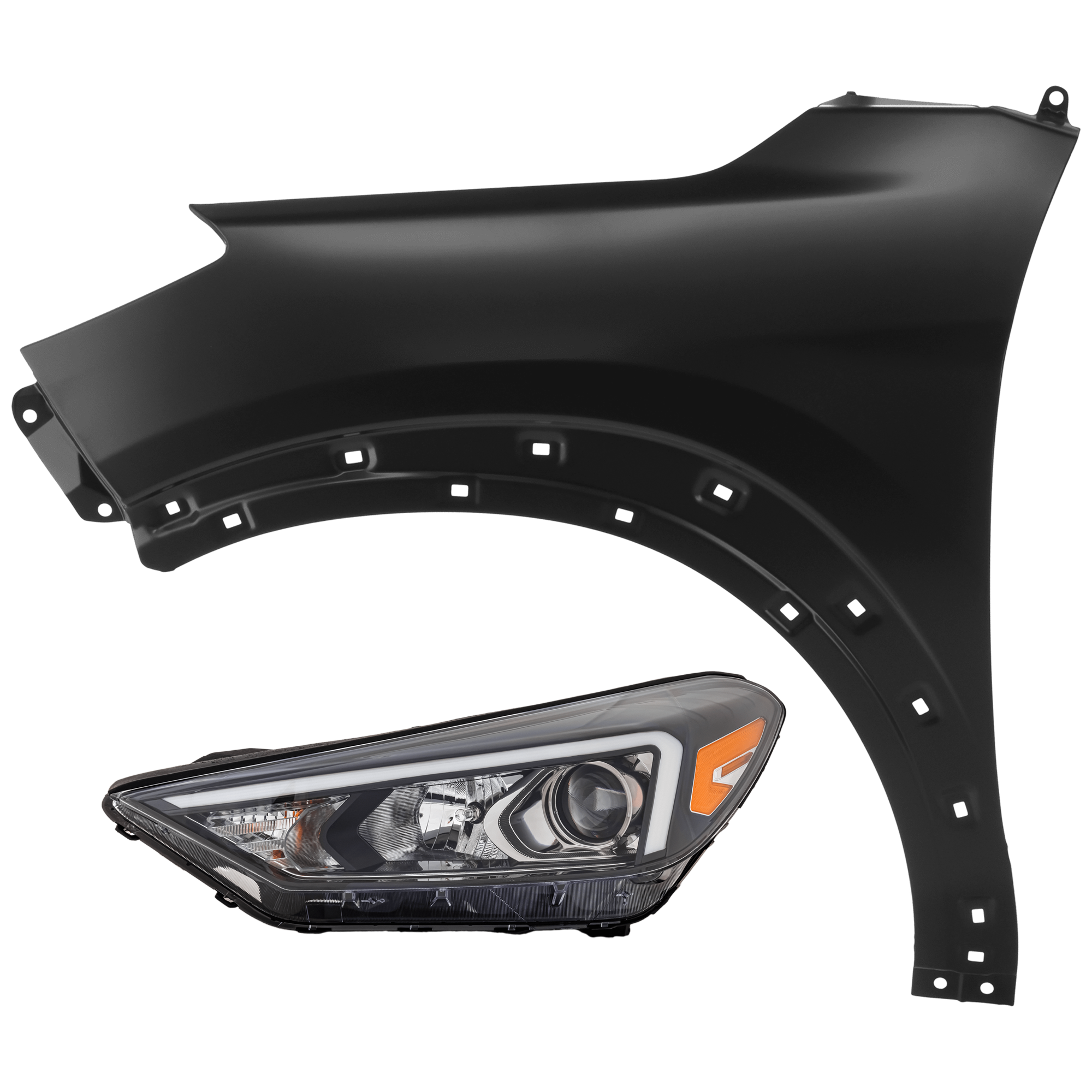 AM TUCSON 19-21 HEAD LAMP LH 2 pc Kit Assembly Halogen w o LED Position Light with Fender SKU KIT 071726-249 Partslink HY2502234 HY1240165 OEM 92101D3500-66311D3000