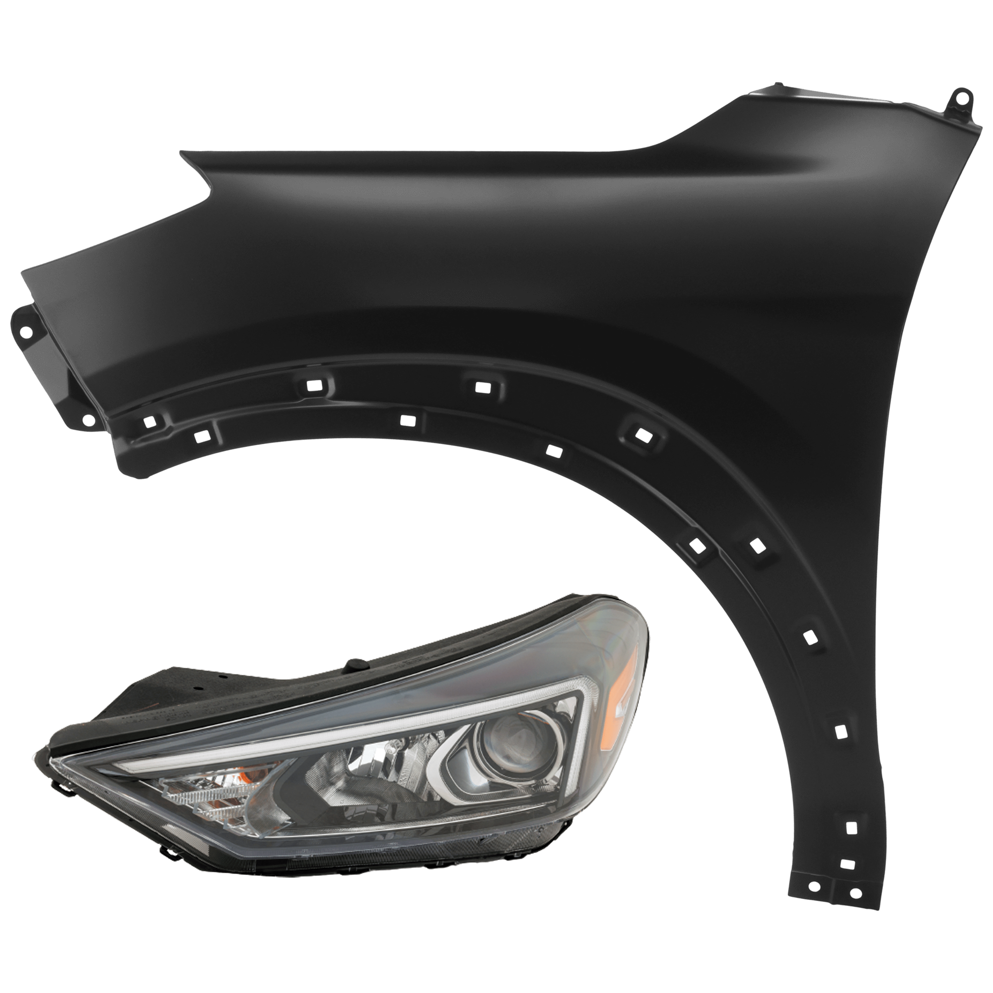 AM TUCSON 19-21 HEAD LAMP LH 2 pc Kit Assembly Halogen w LED Position Light with Fender SKU KIT 071726-250 Partslink HY2502235 HY1240165 OEM 92101D3650-66311D3000
