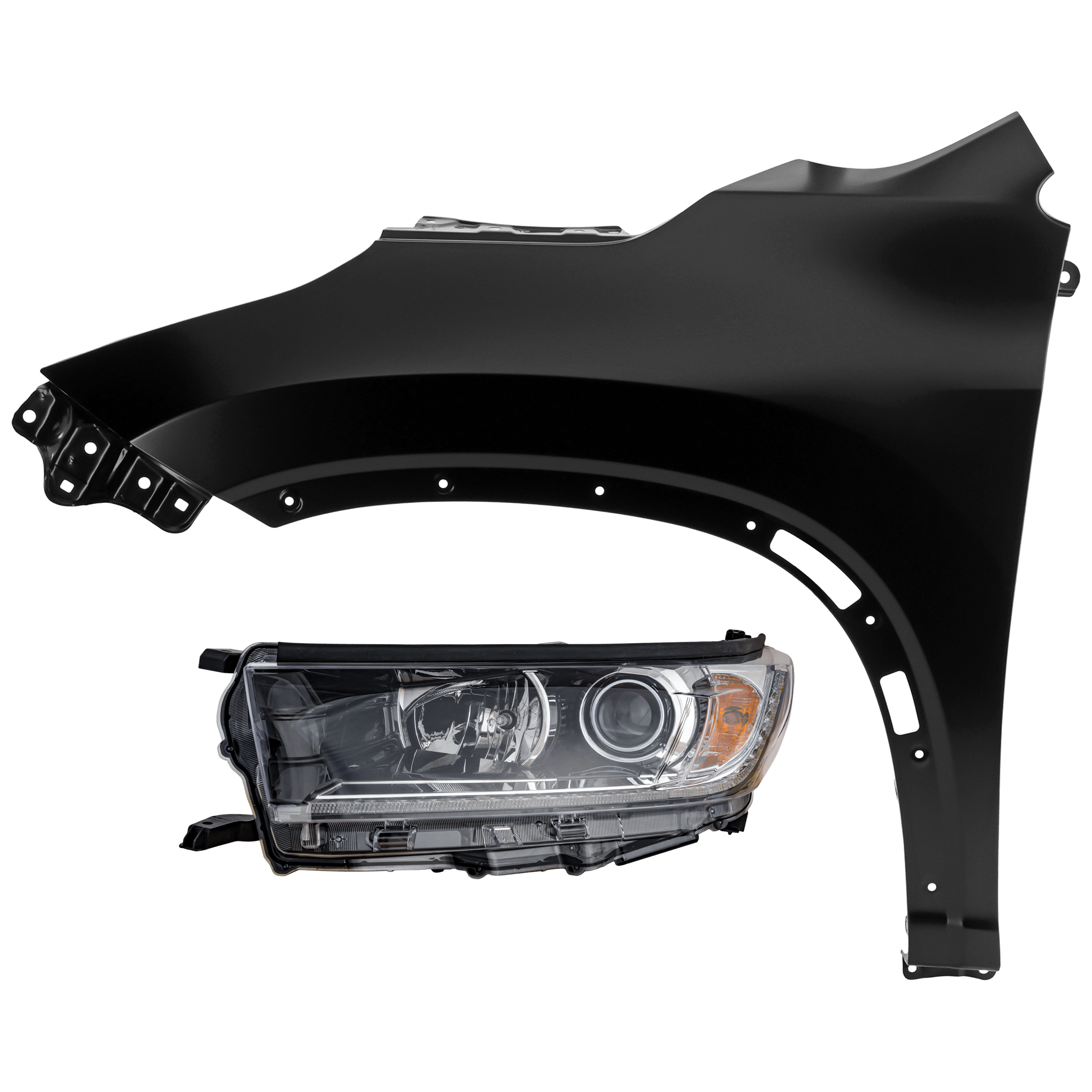 AM HIGHLANDER 17-18 HEAD LAMP LH 2 pc Kit Assembly Halogen w o Smoked Chrome Accent with Fender SKU KIT 071726-262 Partslink TO2502253 TO1240251 OEM 811500E390-538020E100